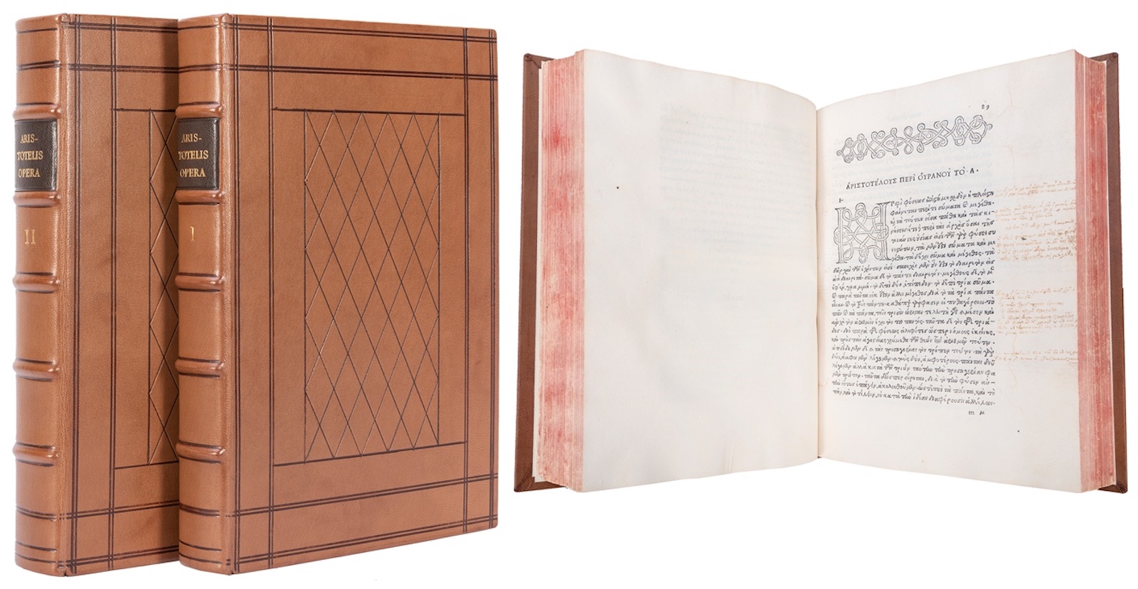 Aristotle's (384–322 B.C.E.) Aristotelis Opera parts one and two, was estimated at $20,000-30,000 and sold for $45,600.