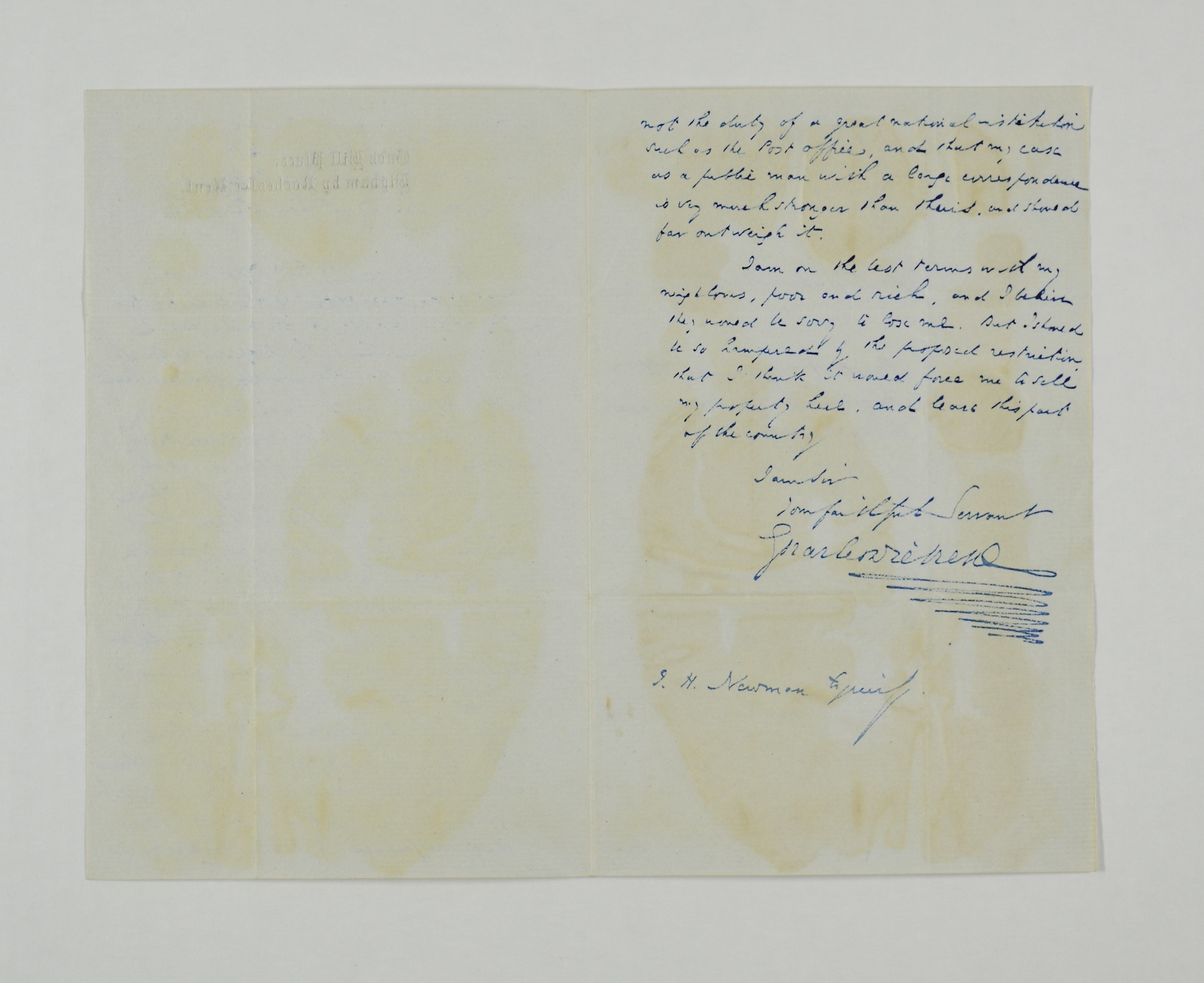 Charles Dickens letter to I. H. Newman from Gad's Hill Place, February 10, 1866, in which he complains against a proposed change to the Sunday postal service