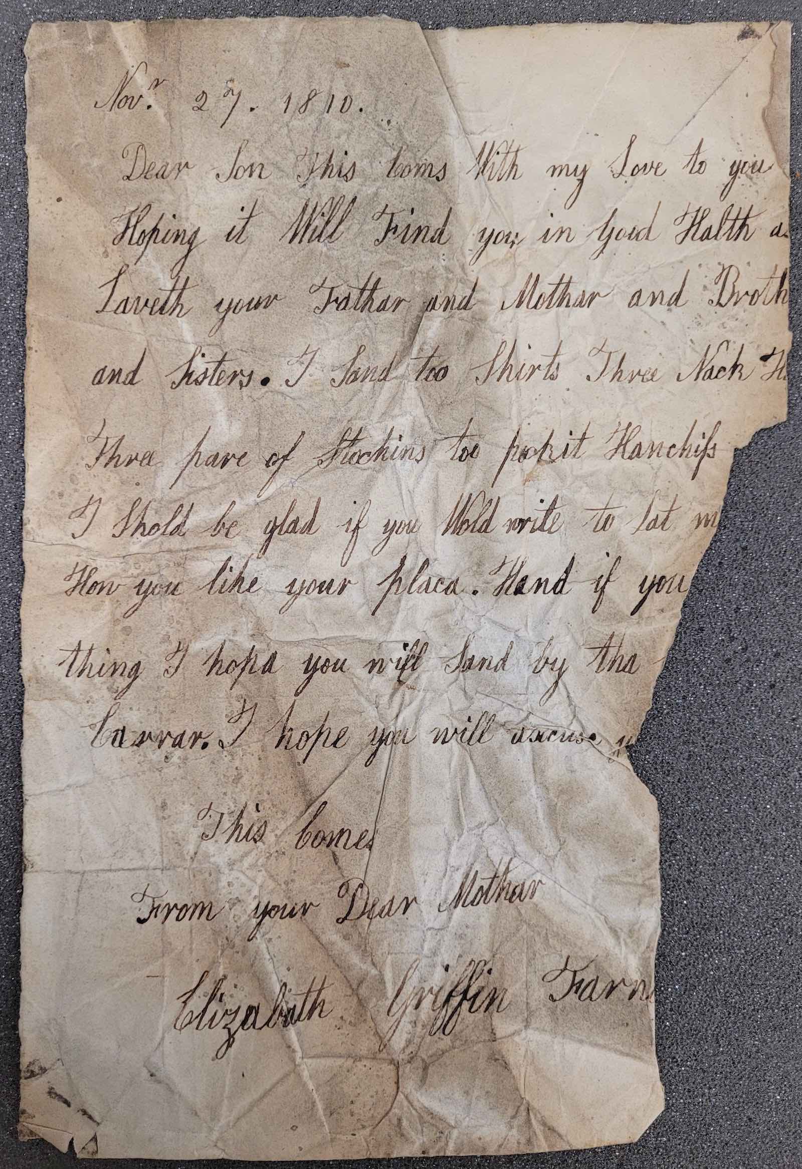 Letter by Elizabeth Griffin to her son 1810, probably a member of the domestic staff, a so-called “College servant”