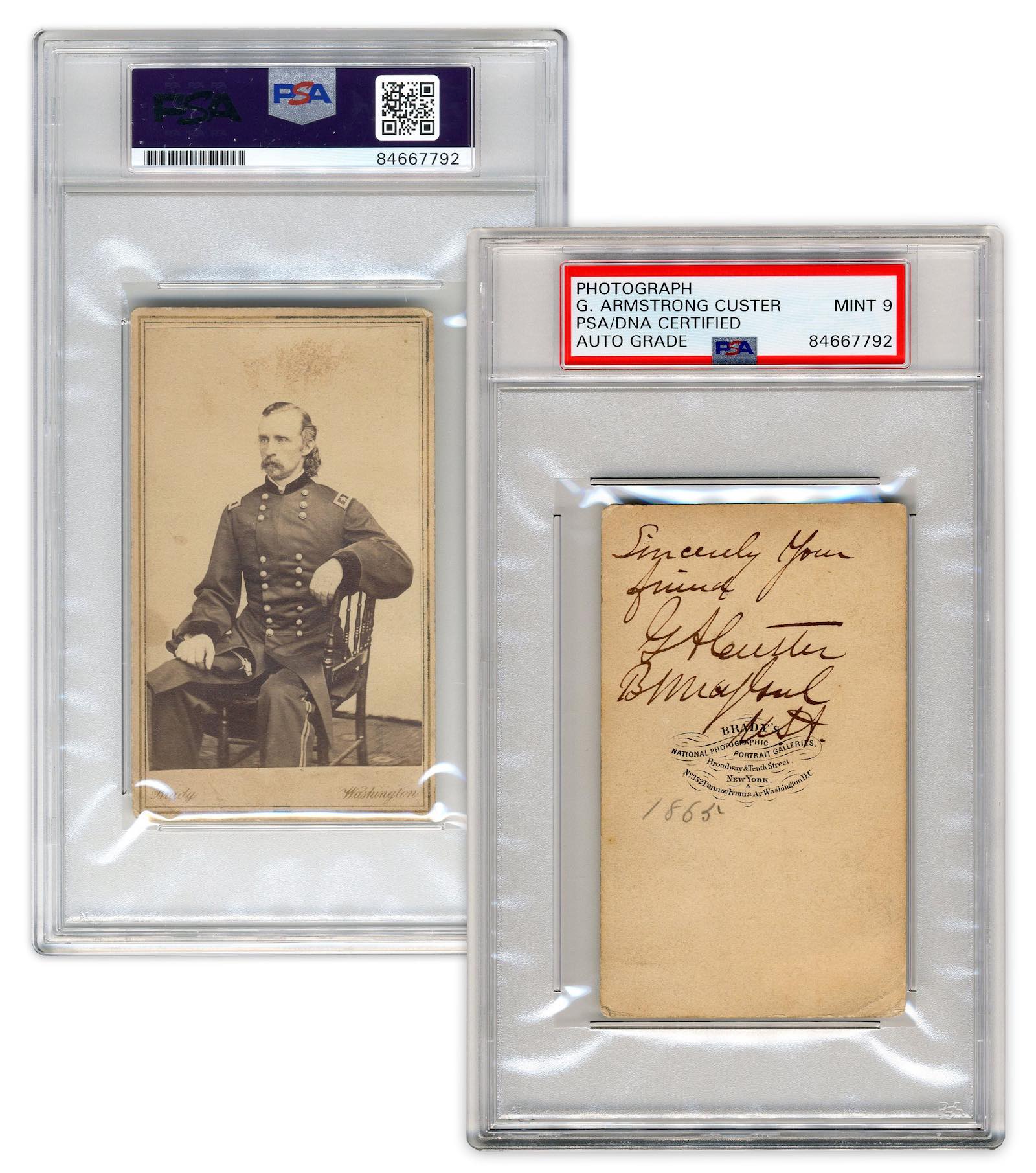 A Mathew Brady sepia-colored albumen carte de visite depicting Gen. George A. Custer circa 1865-1866, signed and inscribed on verso by Custer, being one of the best combinations of bold signature and assertive pose that we’ve ever seen. (est. $20,000-$30,000).