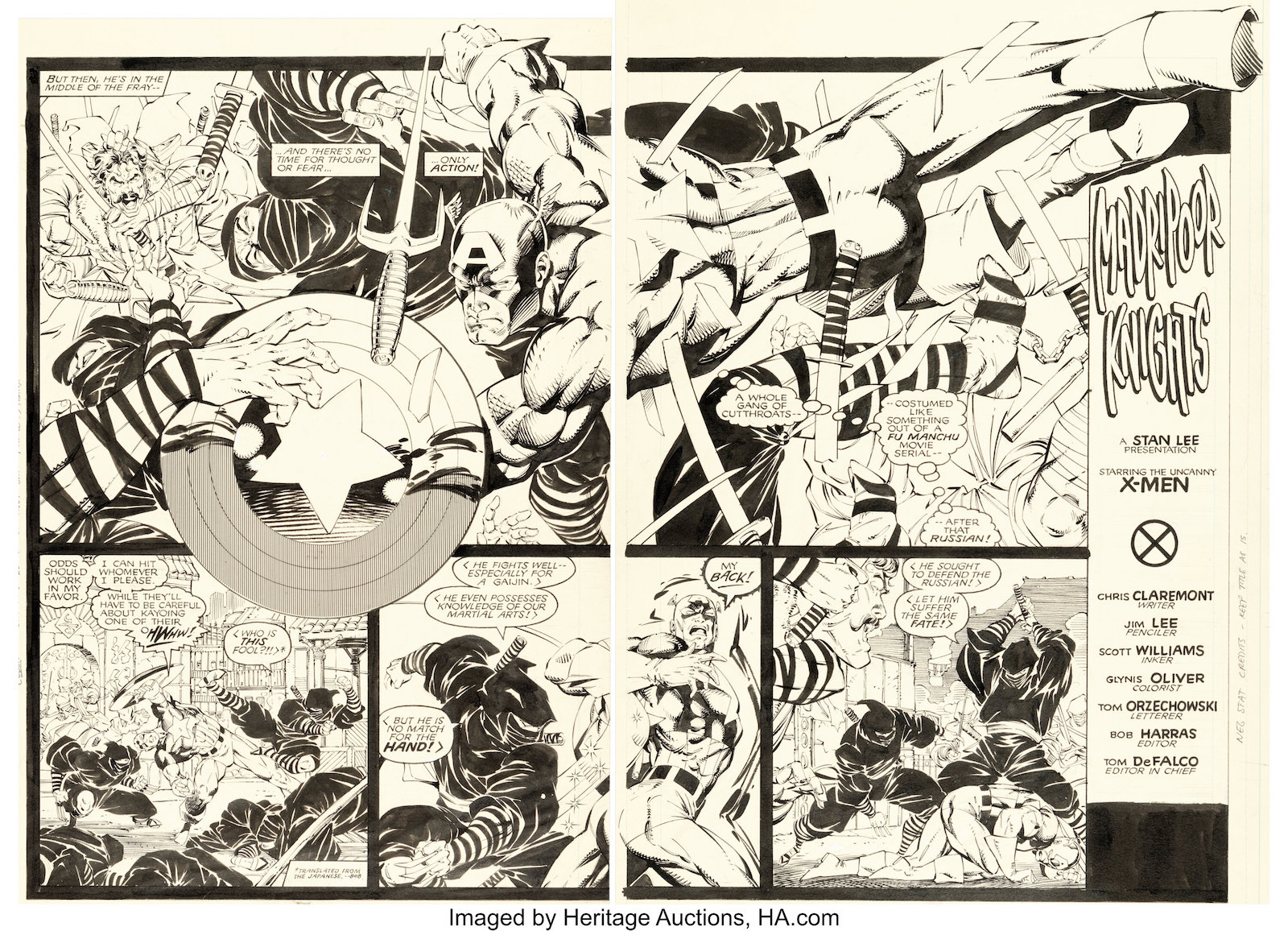 Jim Lee and Scott Williams The Uncanny X-Men #268 Double Page Spread 2-3 Captain America Original Art (Marvel, 1990)