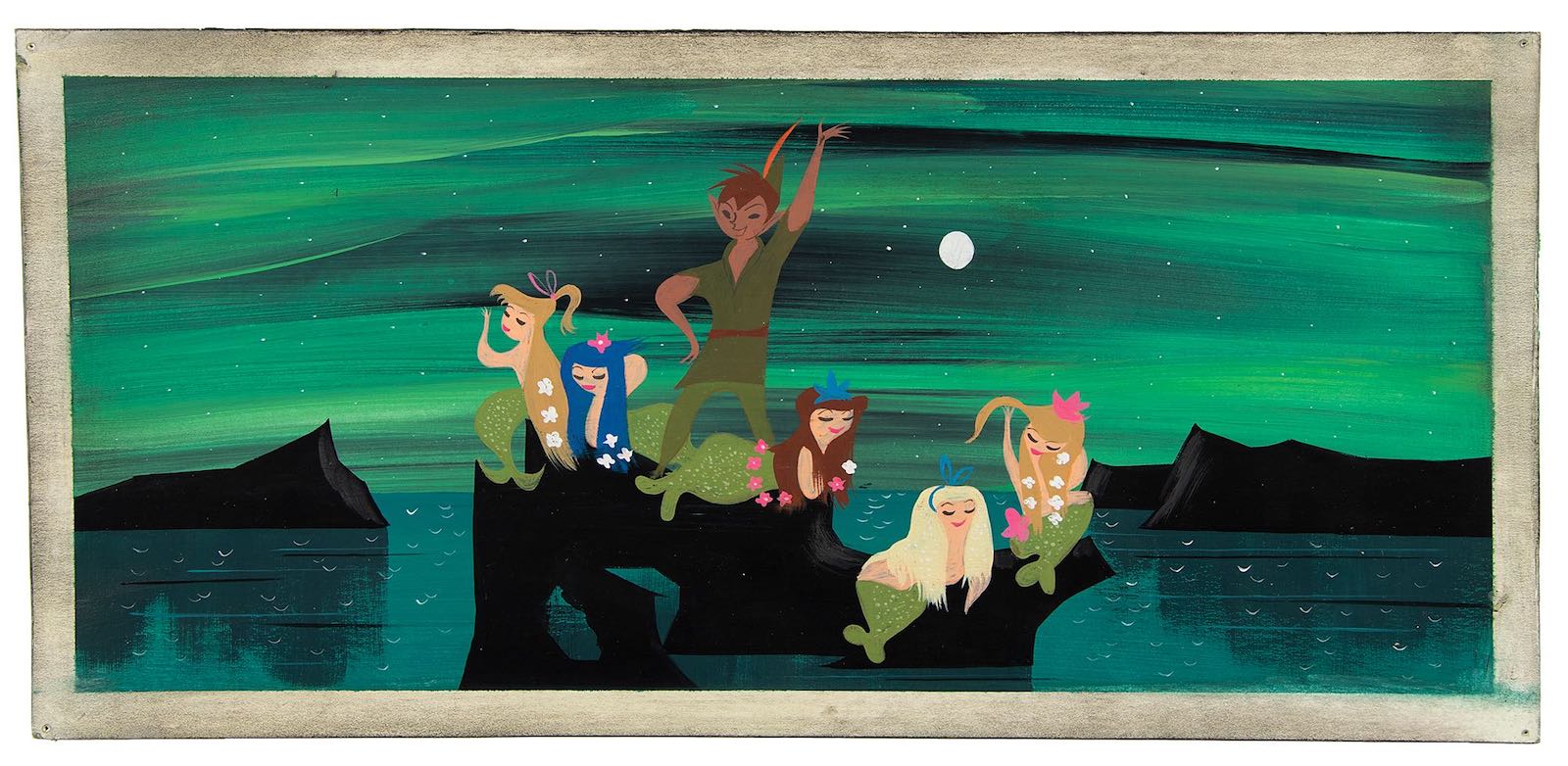 Panoramic Mary Blair painting of Peter Pan at Neverland's magical Mermaid Lagoon