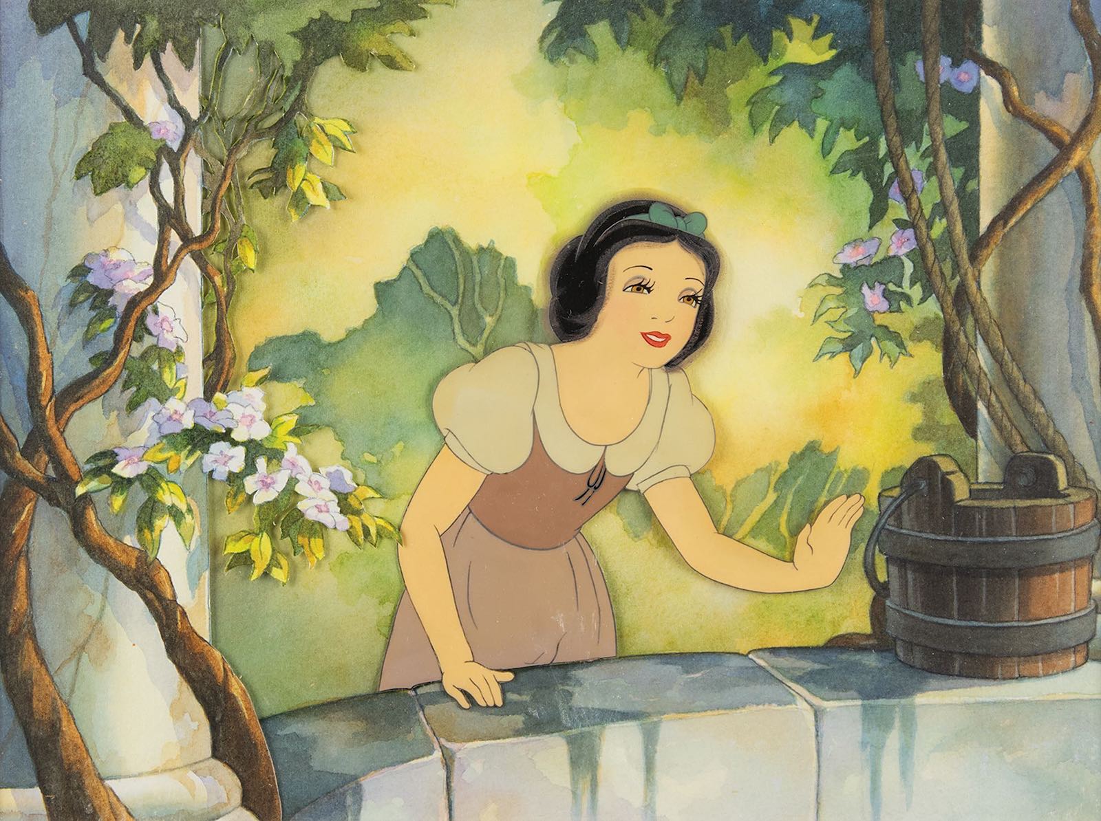 Magnificent Snow White production cel on a custom watercolor background by Toby Bluth