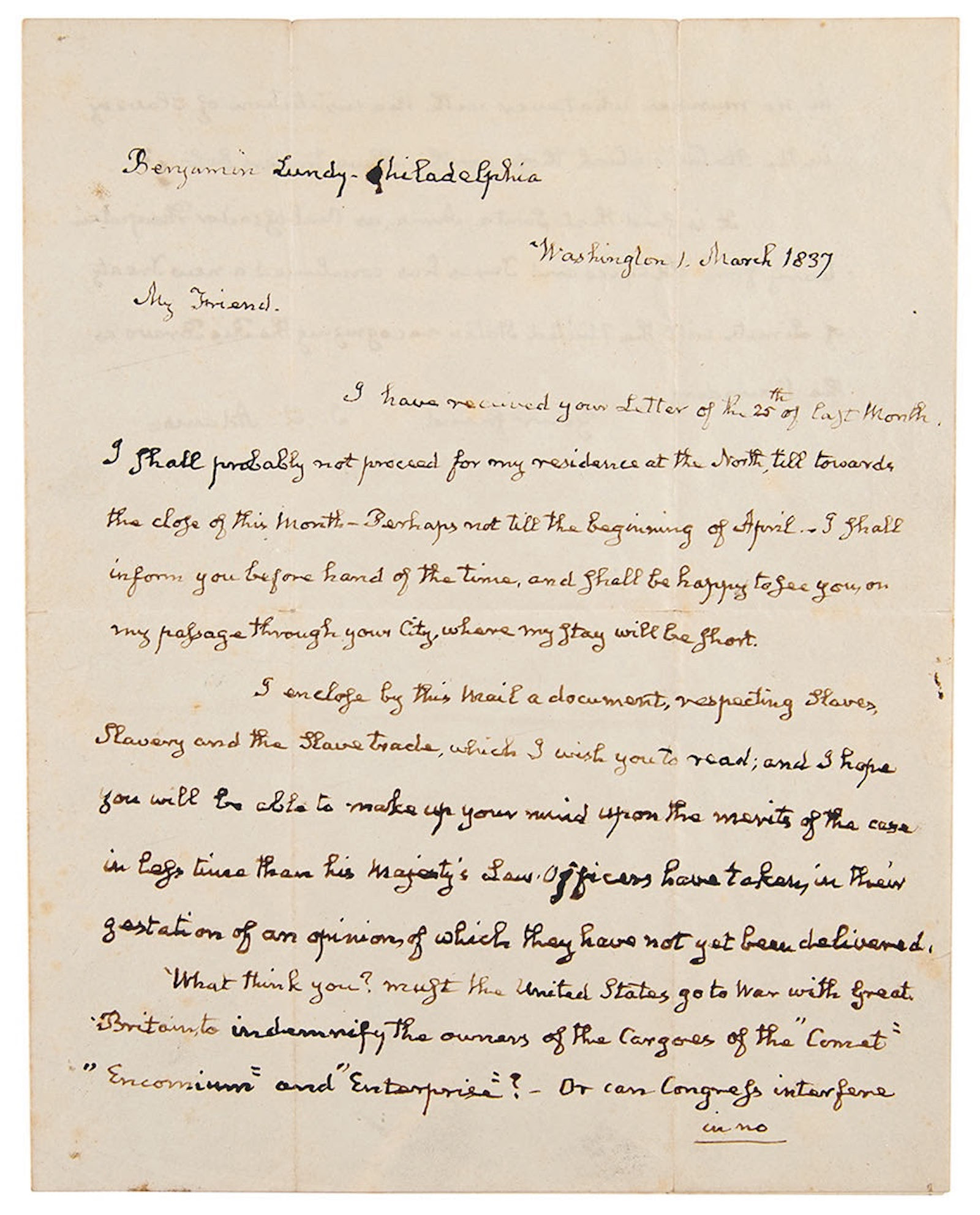John Quincy Adams Autograph Letter Signed on Slave Trade