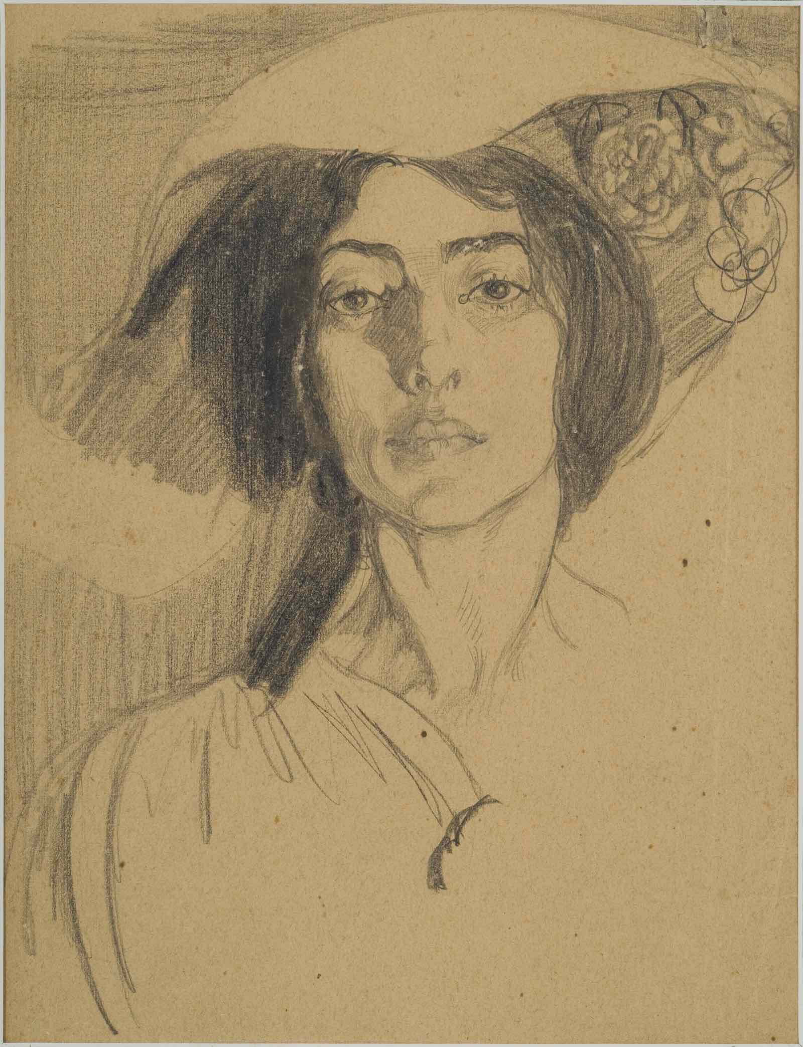 Mina Loy, Devant le miroir, ca. 1905, graphite on brown paper mounted on cardboard, 16 x 13 in. (40.64 x 33.02 cm). Private collection.