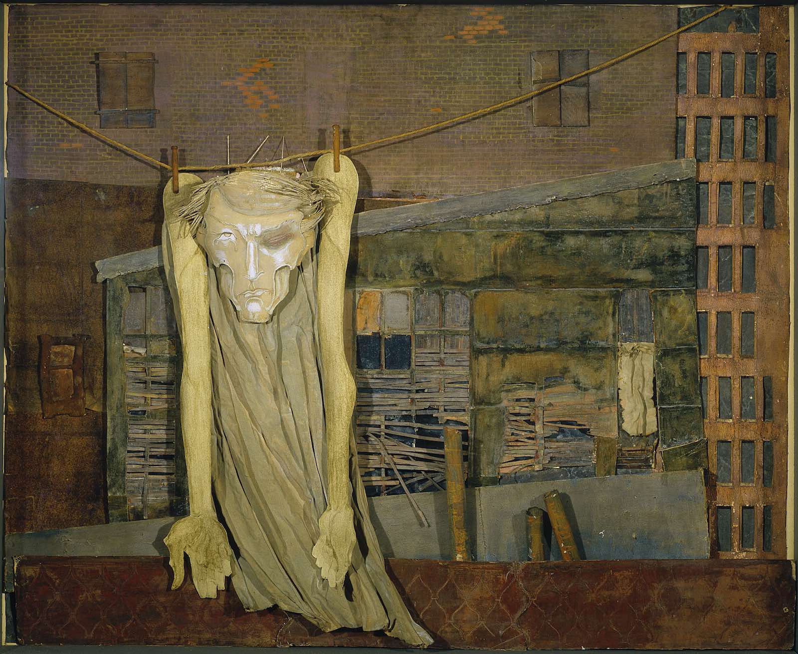 Mina Loy, Christ on a Clothesline, ca. 1955–59, cut-paper and mixed-media collage, 24 • 41 1/2 • 4 1/2 in. (60.96 x 105.41 x 11.43cm). Private Collection.