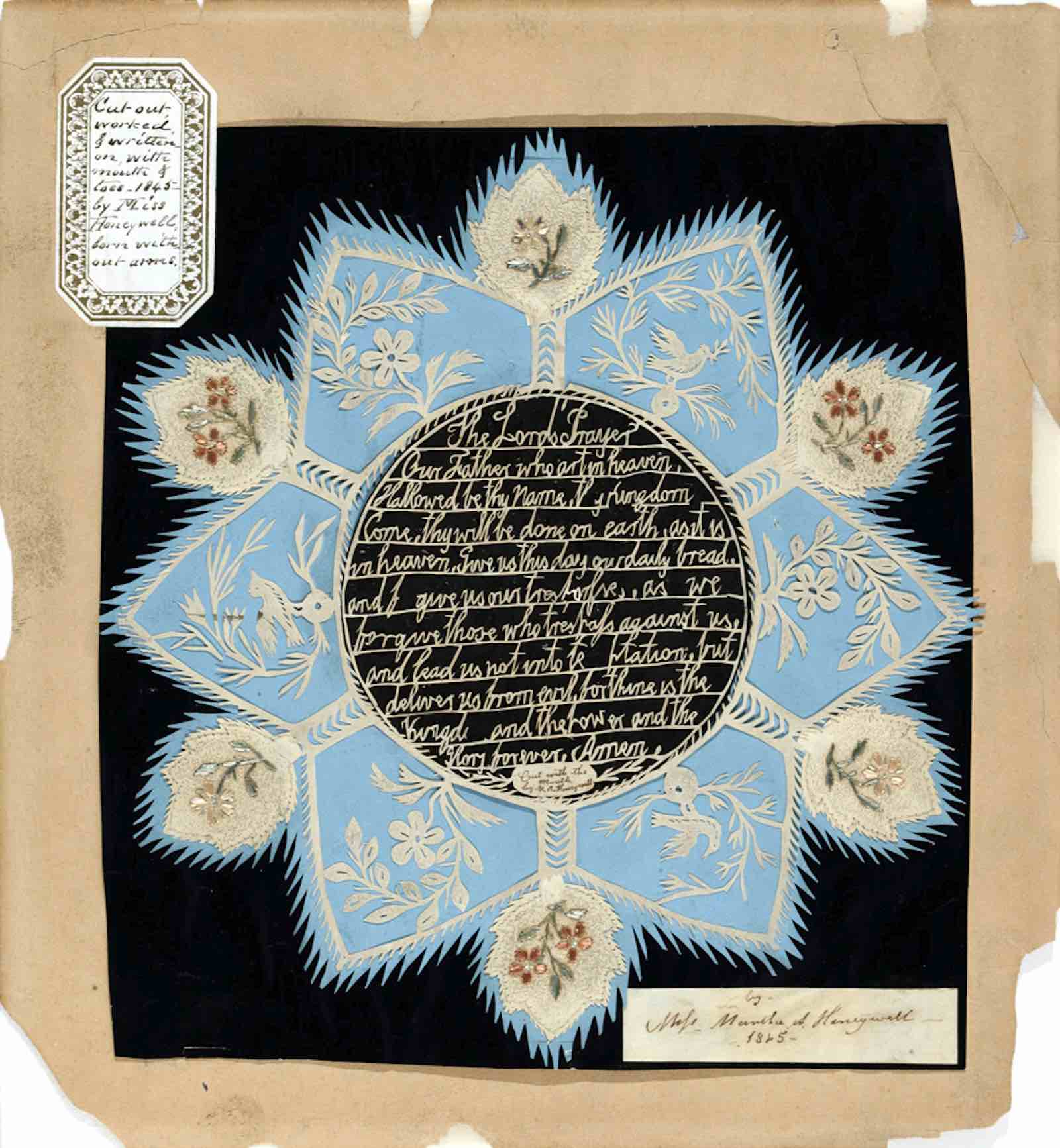 Martha Ann Honeywell (1786-1856) The Lord’s Prayer, 1845 Beige paper cut-out laid on black, light blue, and purple papers, pierced with a pin and stitched in silk