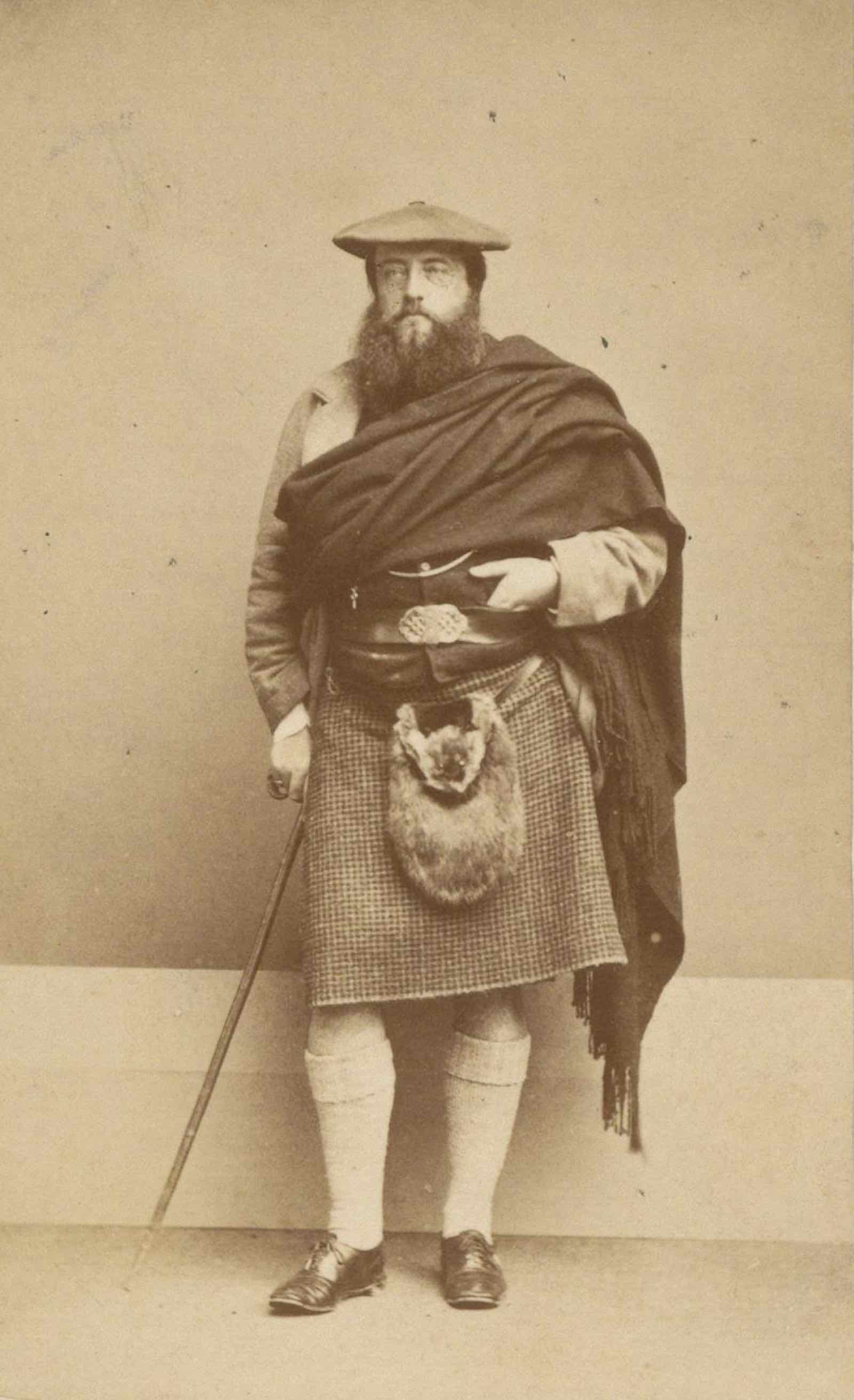 Photo of John Francis Campbell in Highland dress, 1868, when Campbell was age 46. From a volume labelled West Highland Tales vol. XVII. Contains mainly versions of The story of O'Cein's leg, and notes.