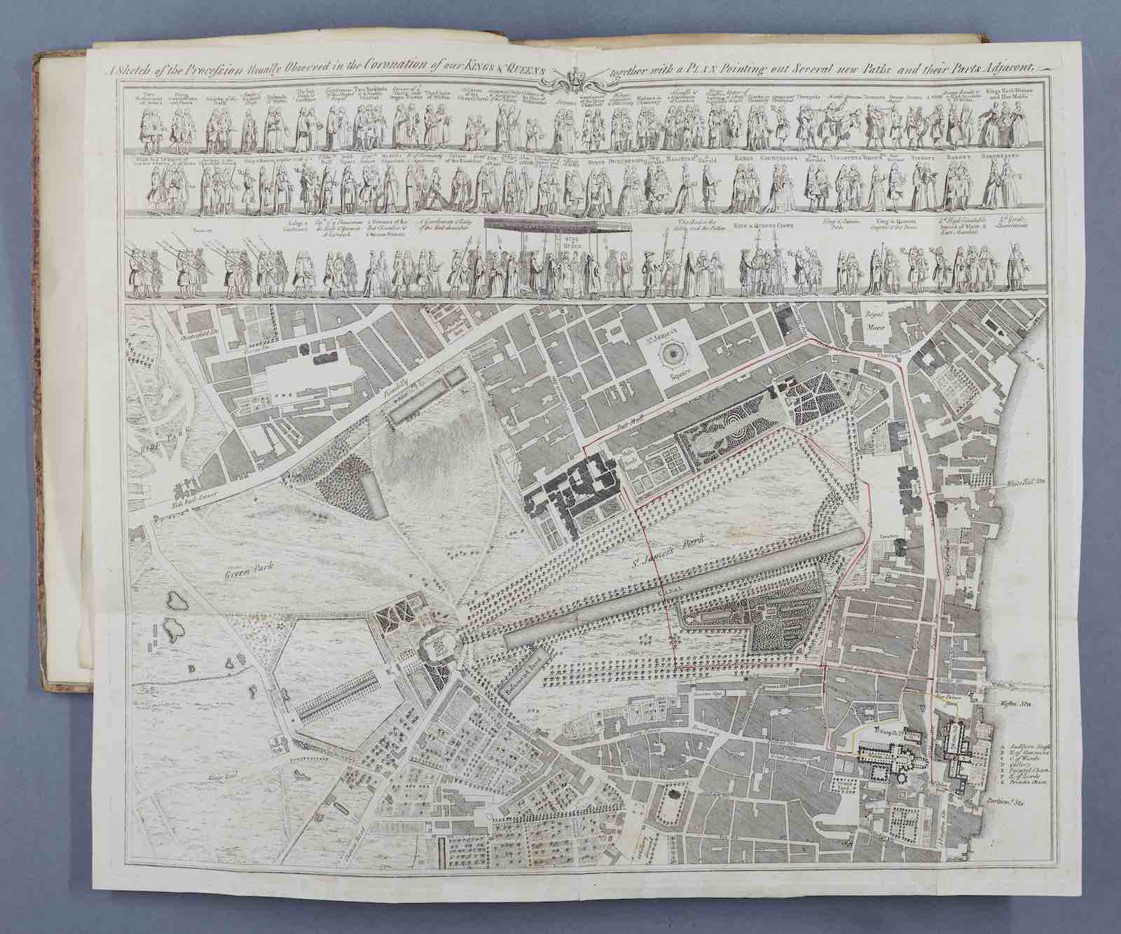 A sketch of the procession usually observed in coronation of our Kings &amp; Queens together with a Plan pointing out several new paths and their parts adjacent (London, 1761).