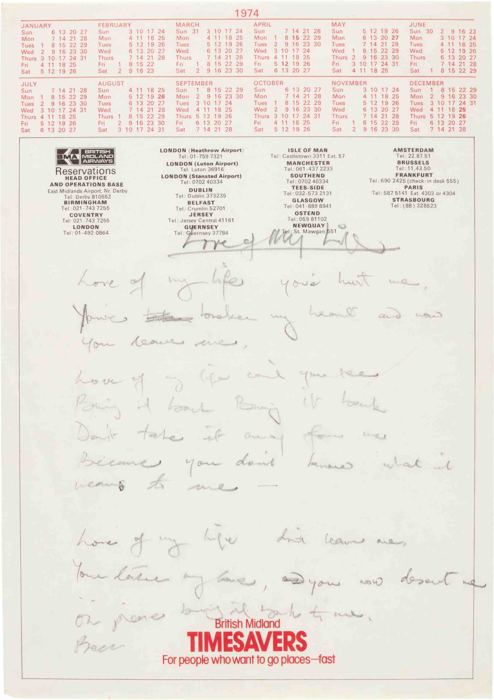 Autograph manuscript working lyrics to Love of My Life