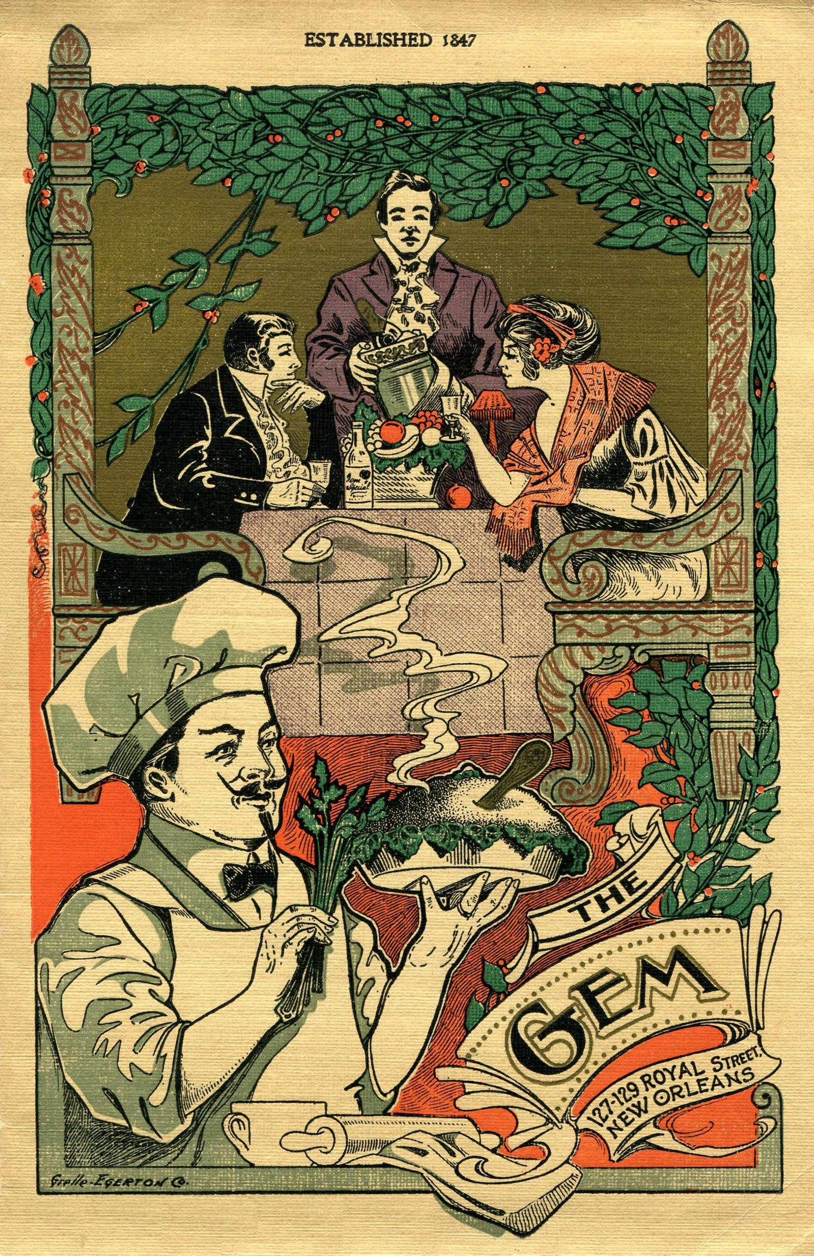 Menu for the Gem in New Orleans from 1913 illustrated with a chef and a couple dining