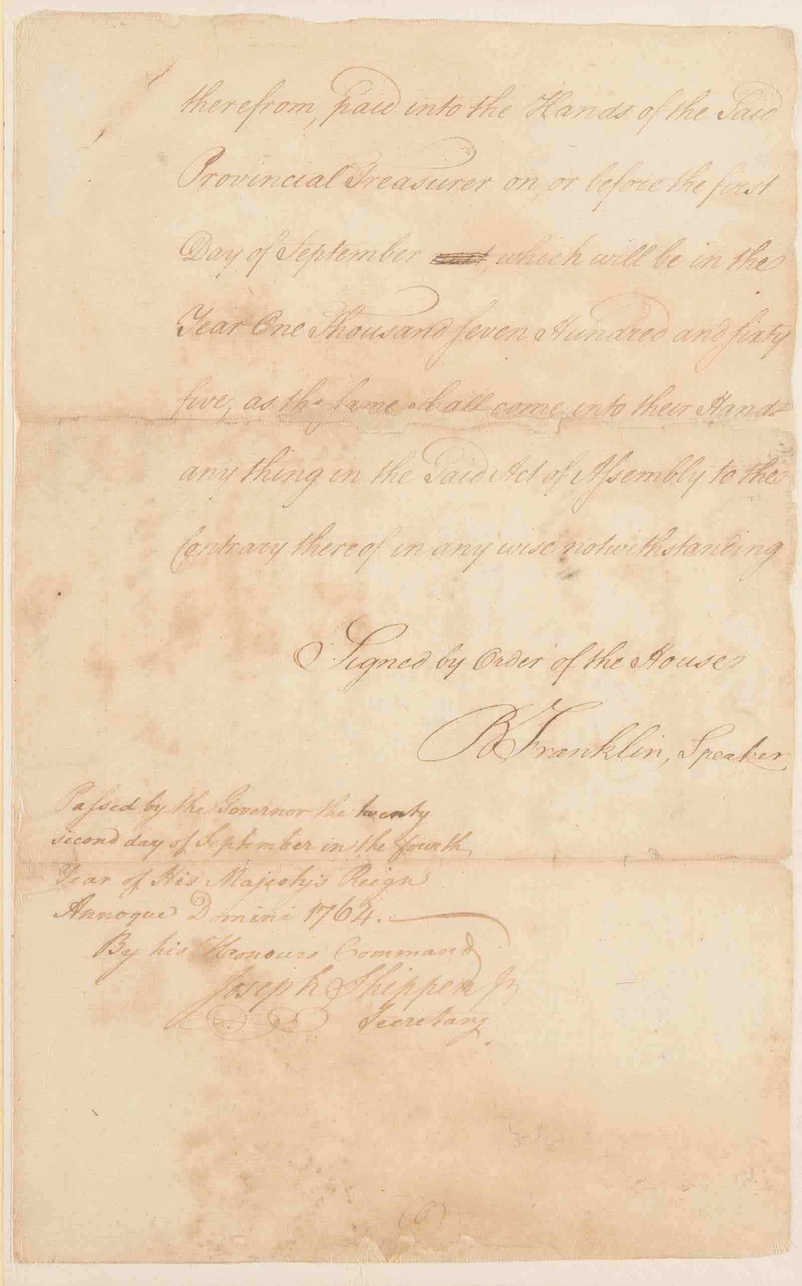 Benjamin Franklin Document Signed (1764) - Approving Funds for the Commissioners for Indian Affairs