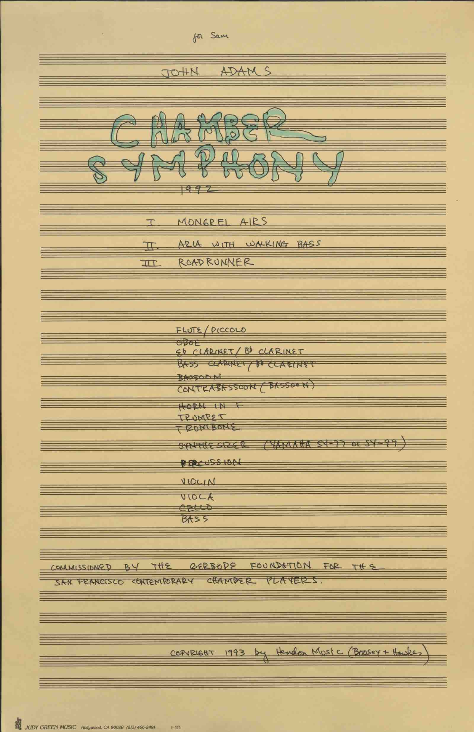 Holograph cover page of Chamber Symphony by John Adams