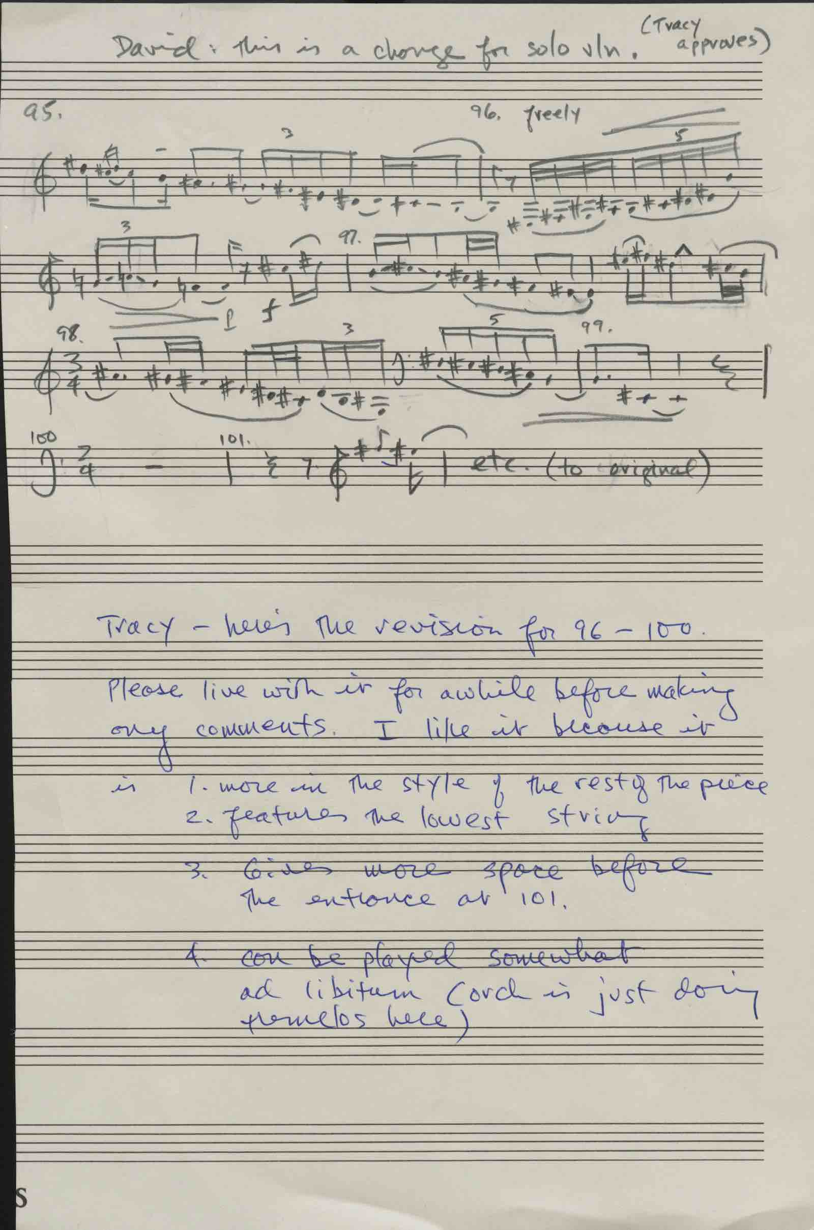 A revision of a passage from "Dharma at Big Sur" by John Adams, with note to violinist Tracy Silverman