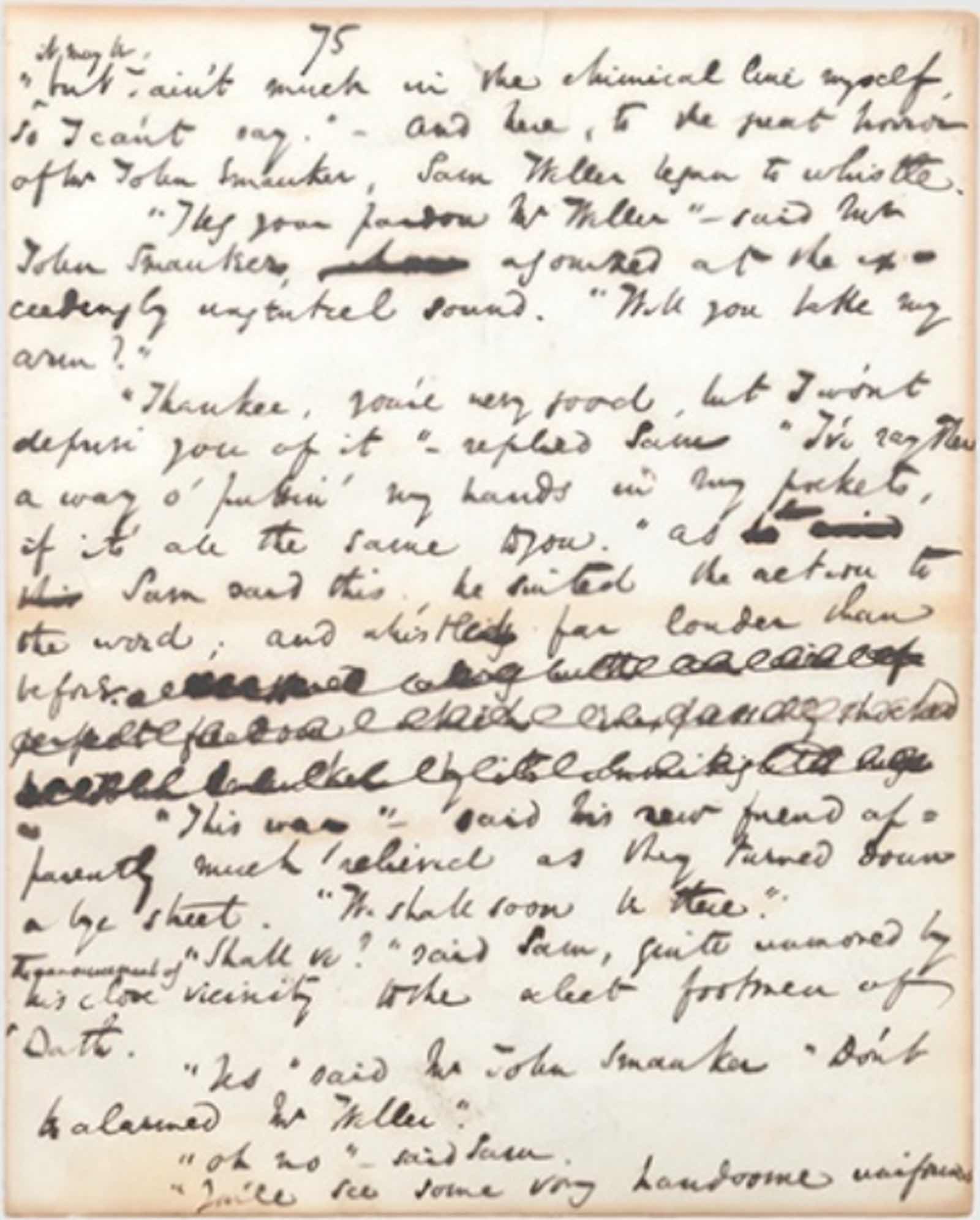 Original autograph leaf from The Posthumous Papers of the Pickwick Club by Charles Dickens (1837), with authorial deletions and insertions, one of only five such leaves remaining in private hands.