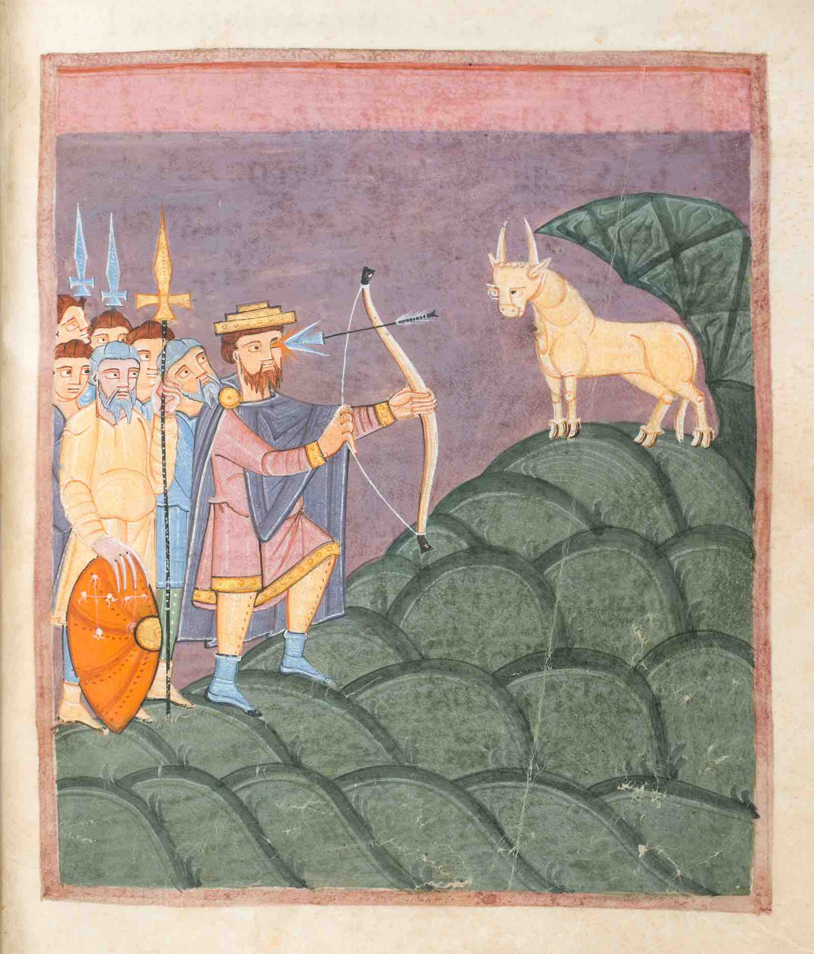 The Miracle of Mount Gargano, Germany (Reichenau), shortly after 1053, Irmengard Codex. Tempera colors, gold, and ink.