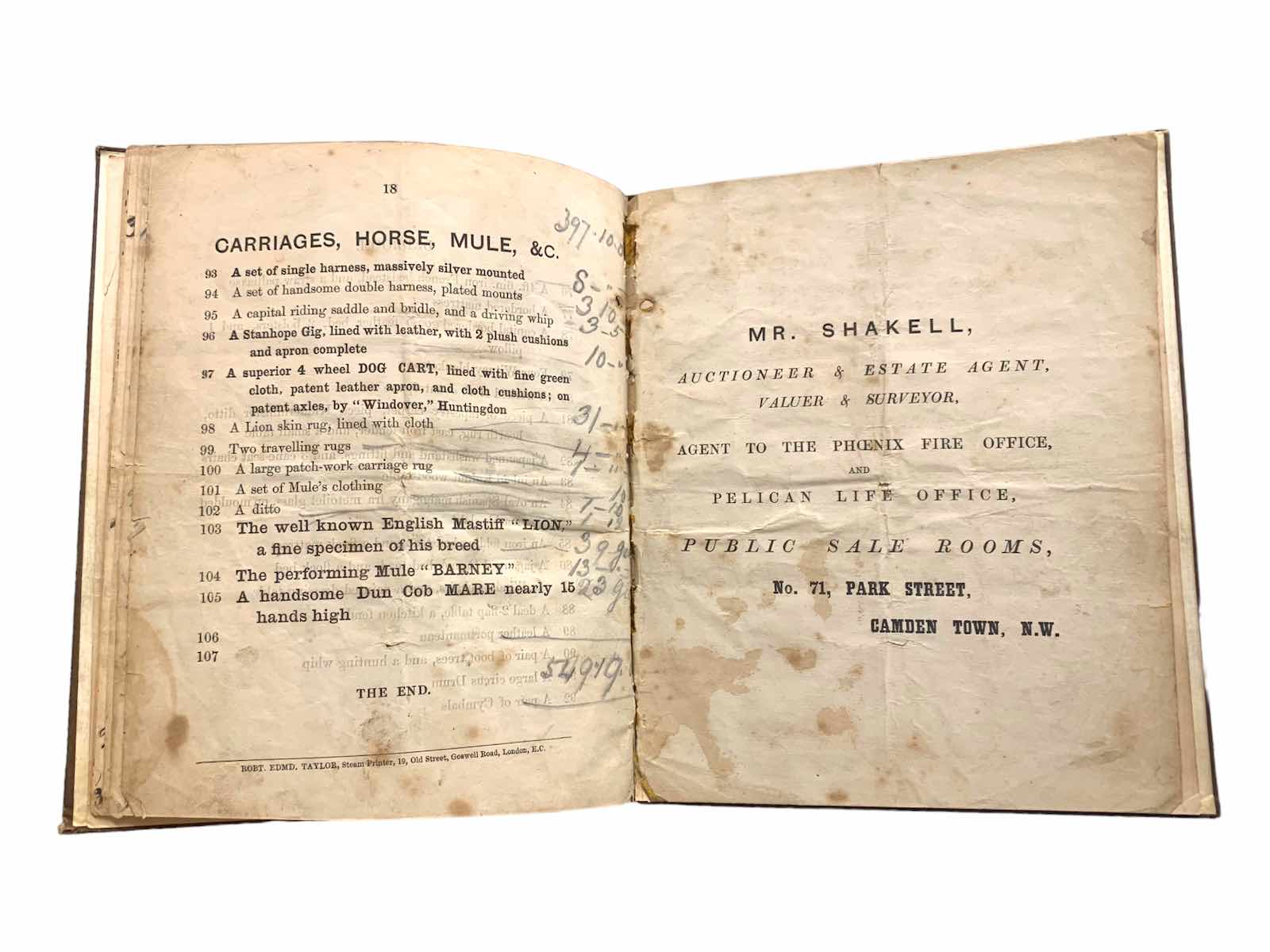 An estimated 100,000 people attended the funeral of Tom Sayers (1826-65), British heavyweight champion of England between 1857-60. After his funeral in Camden Town an auction of his personal effects was staged. The catalogue for the auction will be offered for sale by Chiswick Auctions on August 24 with an estimate of £1,000-1,500.