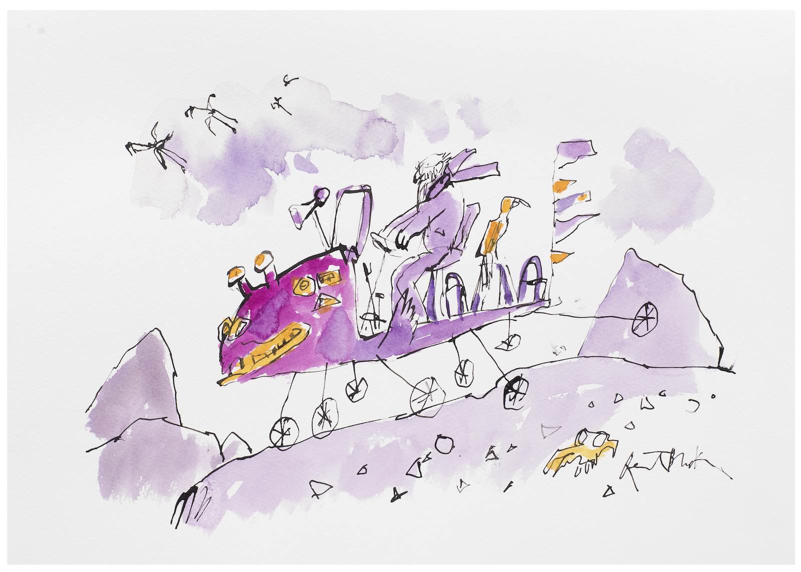 Sir Quentin Blake, All-terrain Vehicle signed 'Quentin Blake' (lower right) pen and ink and watercolour on paper 29.7 x 42.1cm. (unframed) Executed in 2023 £1,500-2,000.