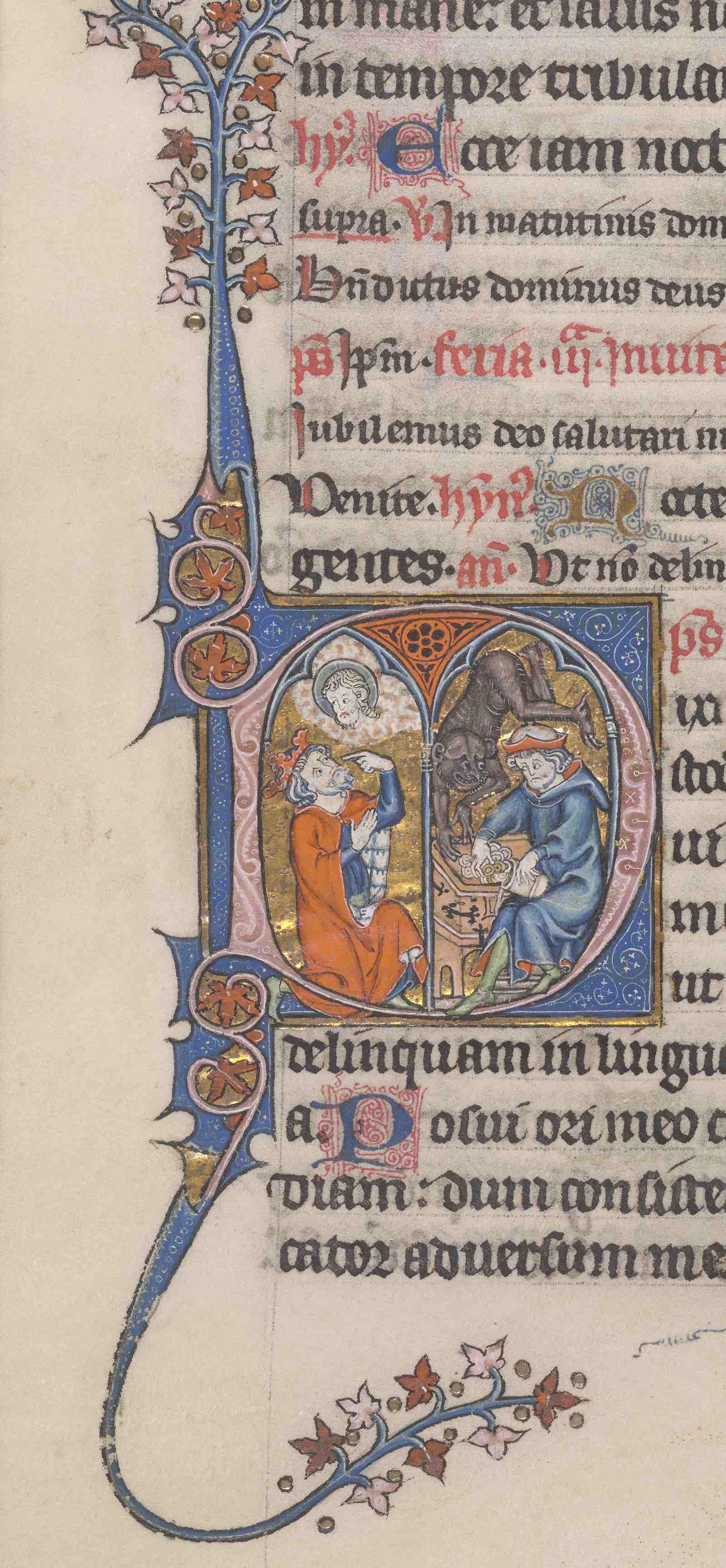 David and an Avaricious Man, in an initial D from a breviary, France, Paris, 1285–97.