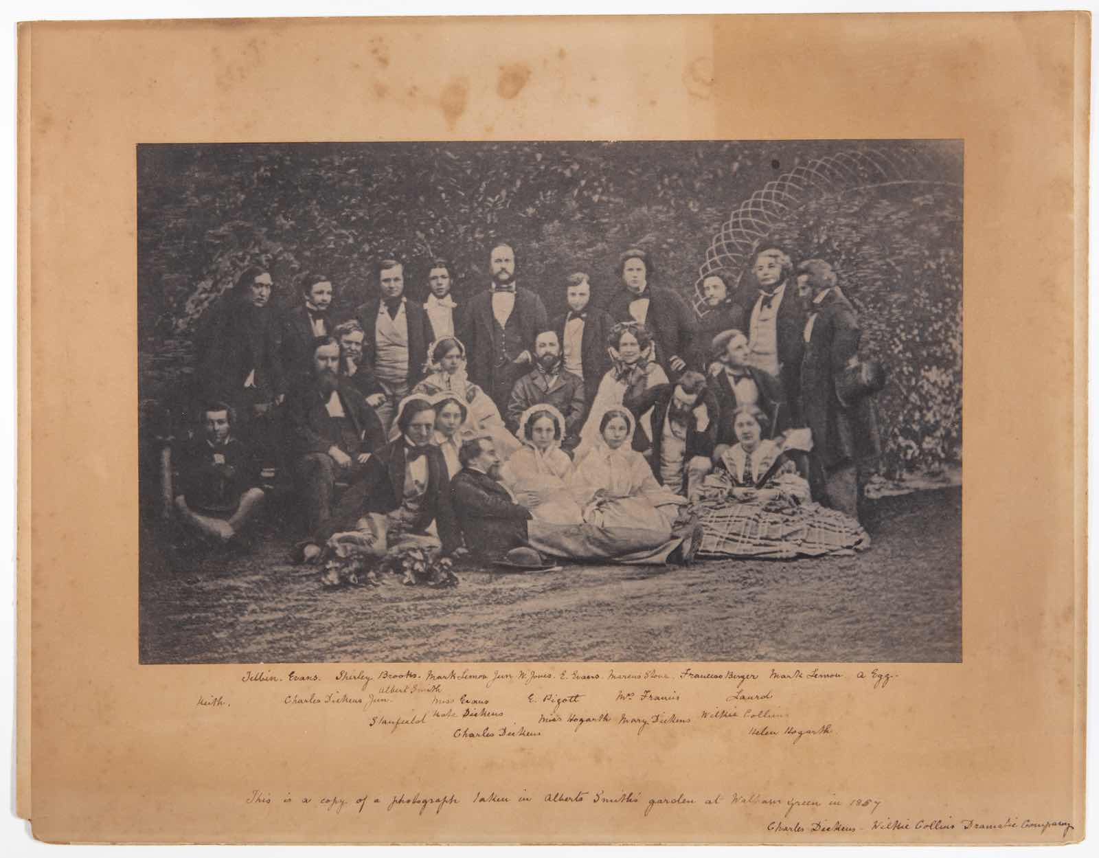 Carte de visite photograph of the cast of The Frozen Deep, 1857 with Dickens (front, centre) and Collins, front, second from right, with hand on chin