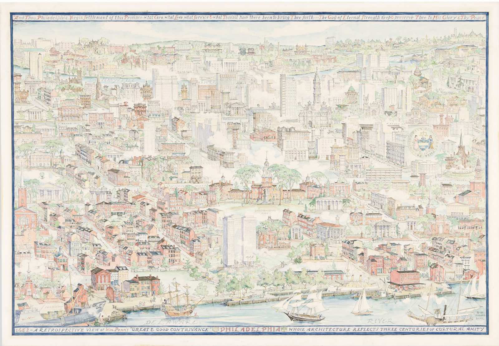 Lot 133: Rosalind Howe Sturges, Philadelphia, 1682; A Retrospective View, graphite and watercolor on artist’s board, 1966. Estimate $3,000 to $5,000