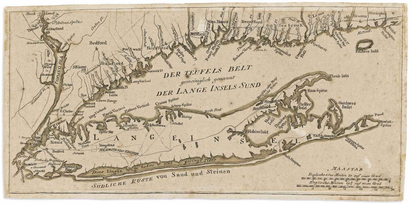 Lot 84: Johann Carl Muller, Der Teufels Belt Gemeiniglich Genannt der Lange Insels Sund, map of Long Island, New York City, and parts of the Hudson River and Connecticut coast, Leipzig, 1776. Estimate $2,500 to $3,500