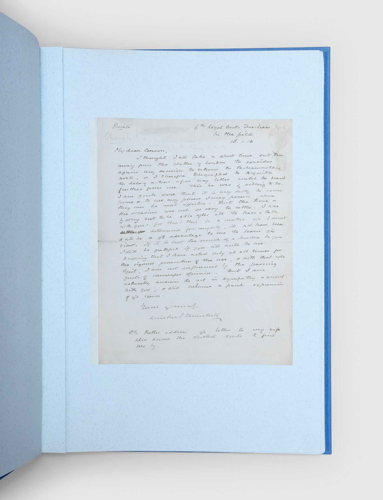 A major sequence of signed letters from Churchill while serving in the Western Front and on his return by Winston S. Churchill (1916).