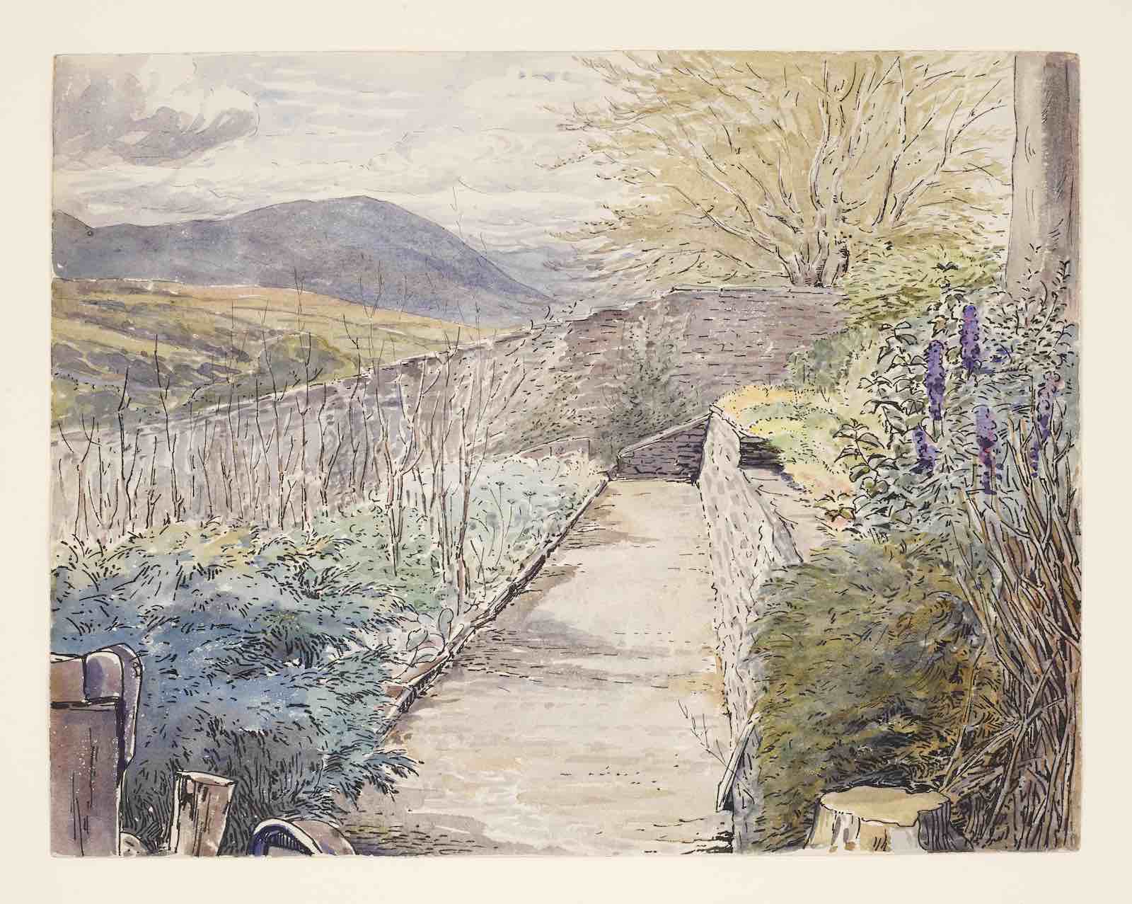 Beatrix Potter's drawing of a walled garden, Ees Wyke (previously named Lakefield, Sawrey, c. 1900.