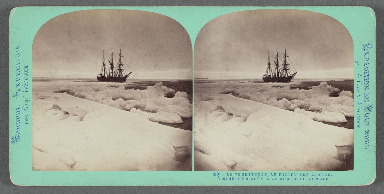 Wilhelm Joseph Burger, "Le Tegetthoff au milieu des glaces, à minuit en août, à la Nouvelle-Zemble," from Expèdition au Pôle nord par le Compte Wilczek, 1872. Albumen silver print stereograph, 3.4 × 7 in (8.7 x 17.8 cm).