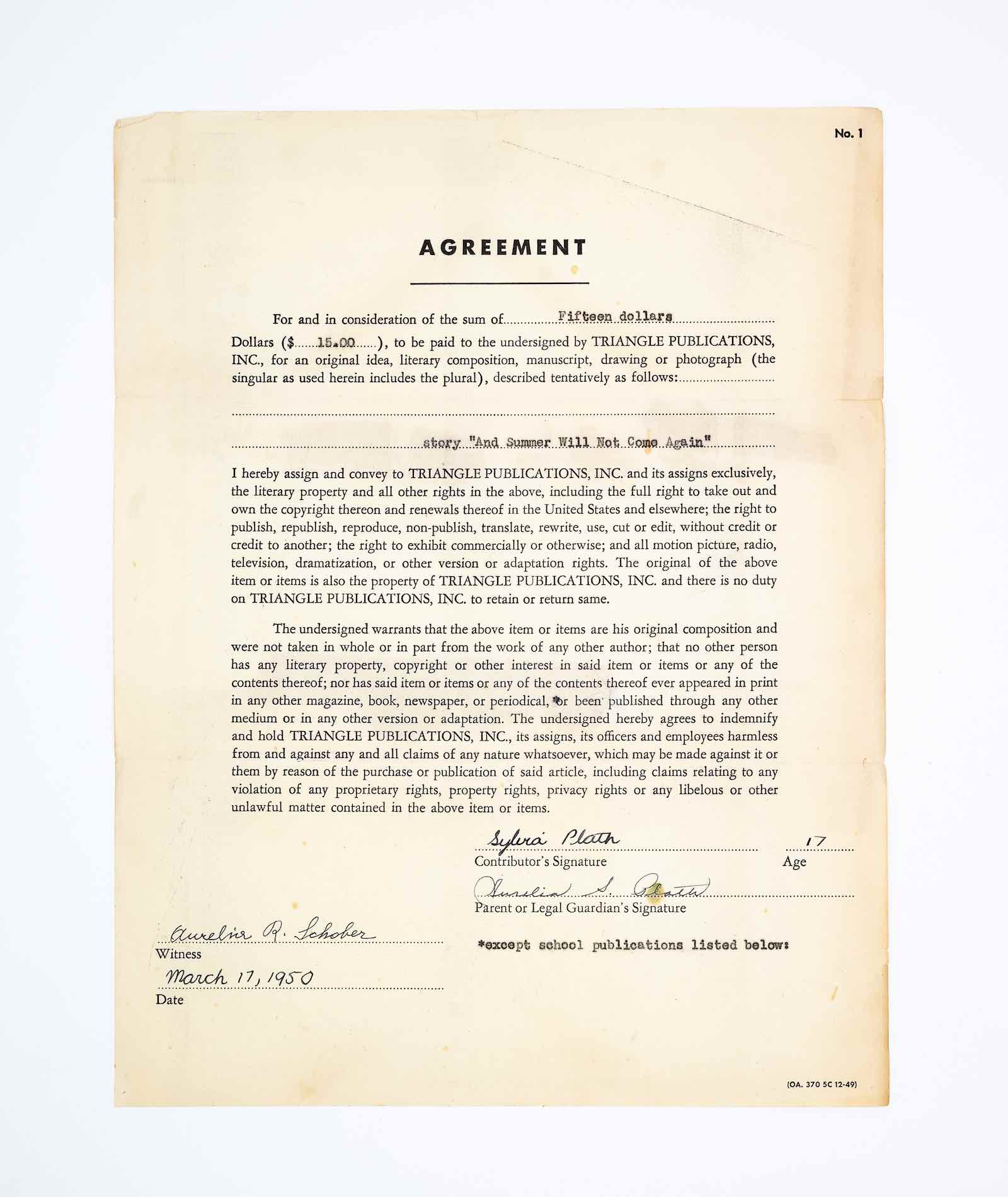 An original signed contract for Plath’s first professional publication, Seventeen's purchase of her short story And Summer Will Not Come Again published when Plath was herself 17. $10,000