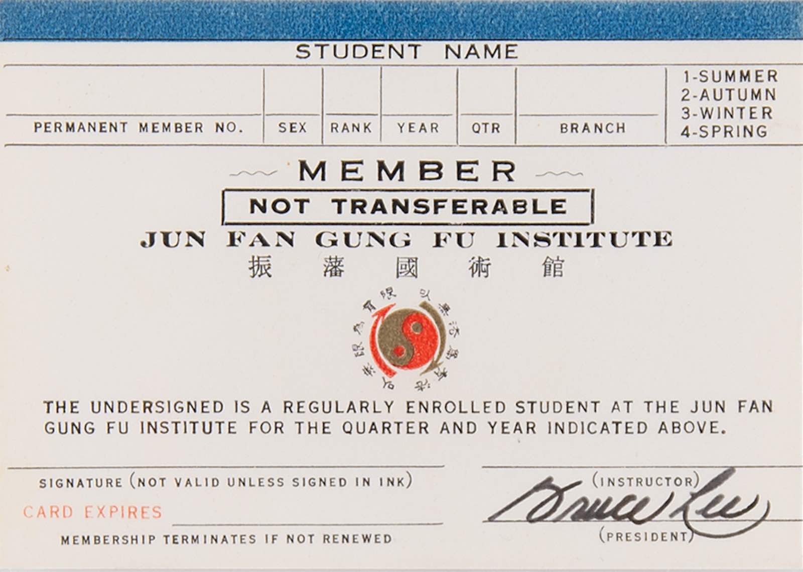 Bruce Lee signed membership card