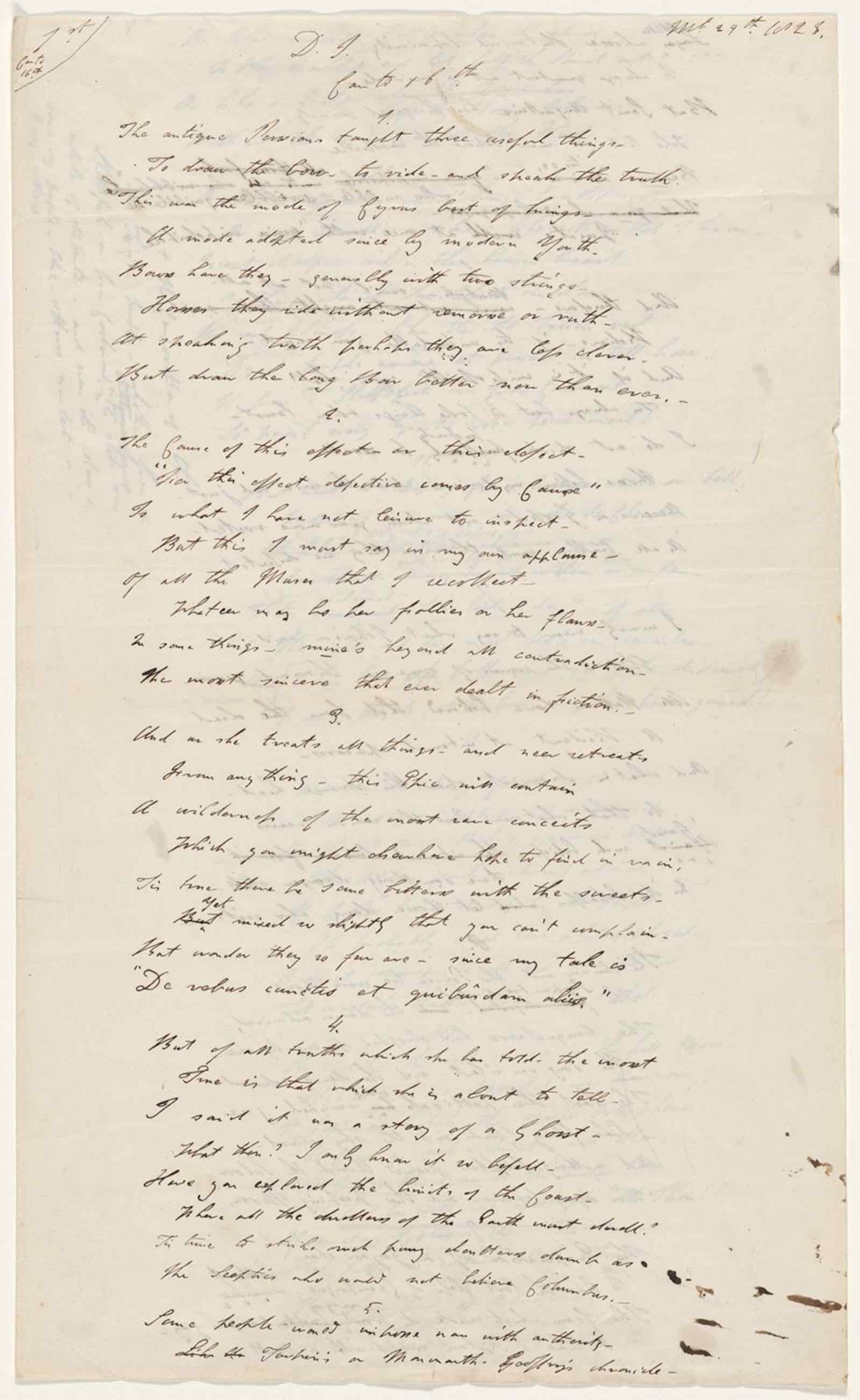 George Gordon Byron, Lord Byron, First Page of Don Juan, Canto 16 (March 1823).