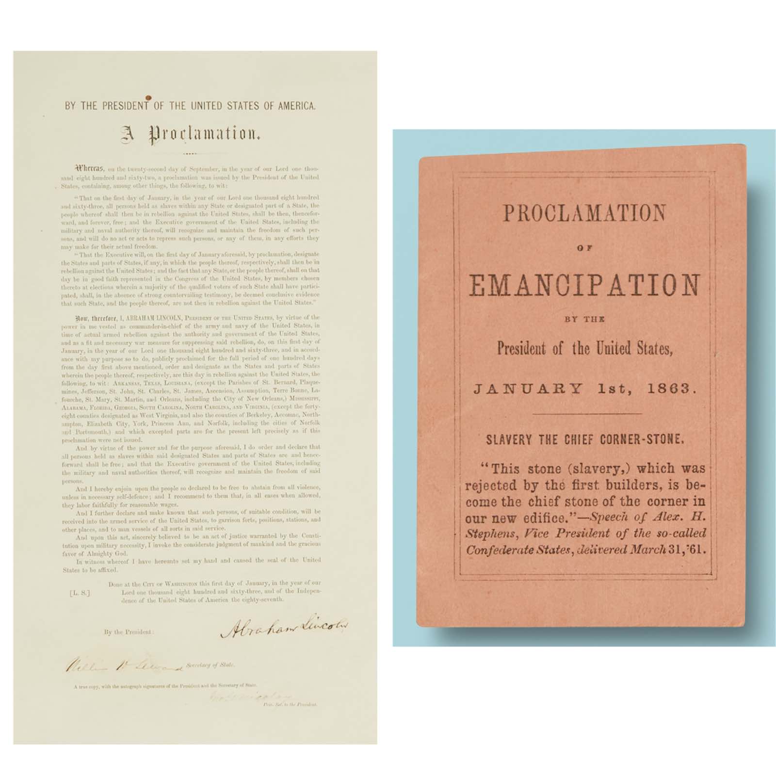 Detail of By the President of the United States of America. A Proclamation. [Emancipation Proclamation, “Great Central Fair Edition,” signed.] [Philadelphia: Boker &amp; Leland, 1864]. Abraham Lincoln, Proclamation of Emancipation by the President of the United States. [Boston: Forbes, 1863].