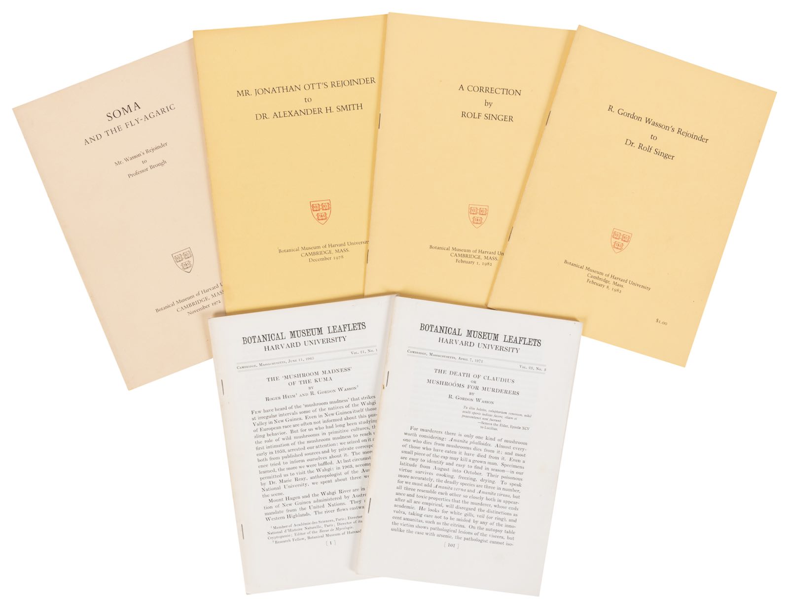 Group of six important monographs on psychedelic mushrooms by Gordon Wasson, Roger Heim, Rolf Singer, and Jonathan Ott