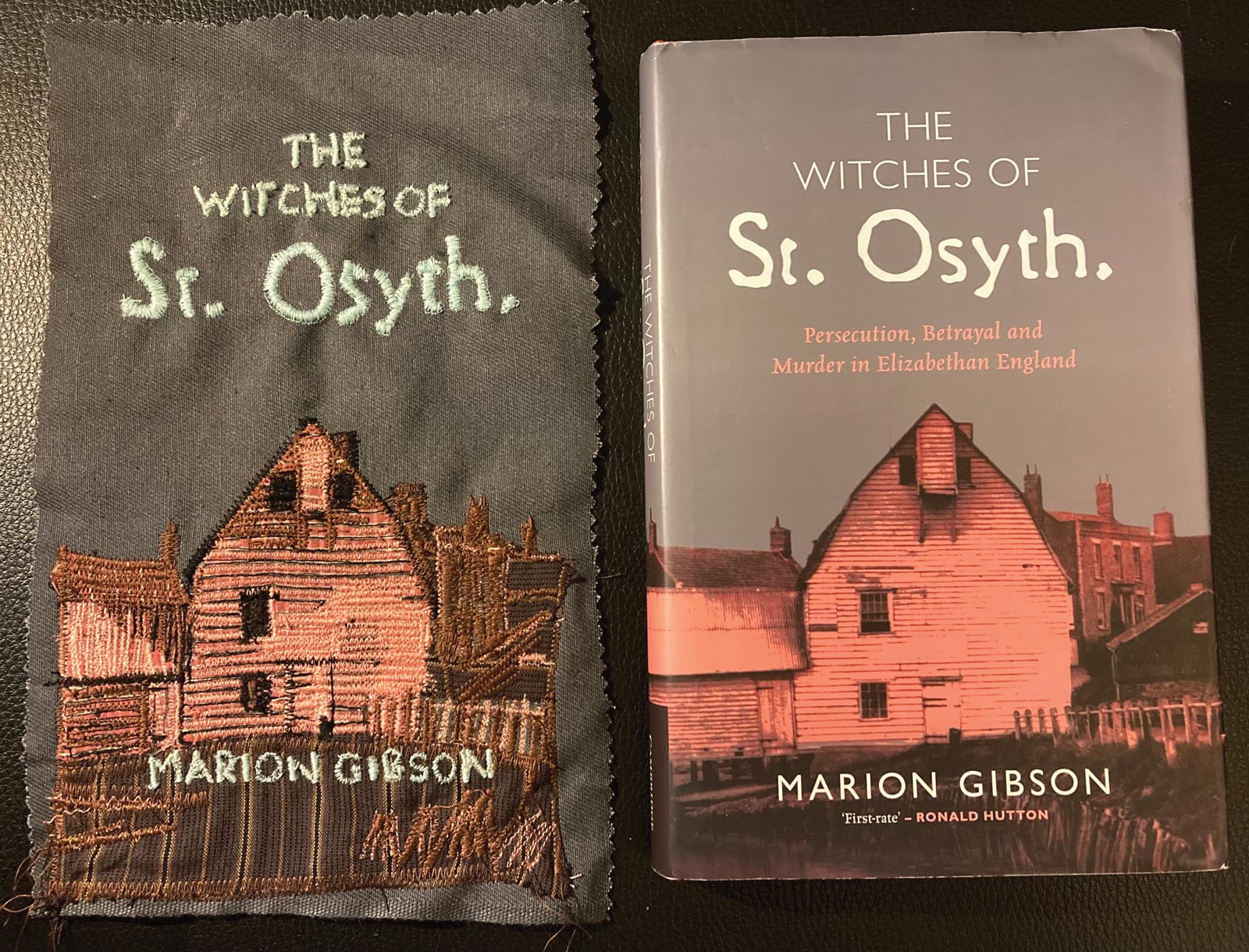 One of the covers Cockayne recently recreated in textile is Marion Gibson’s The Witches of St Osyth (2022) on sixteenth-century witch accusations in Essex.
