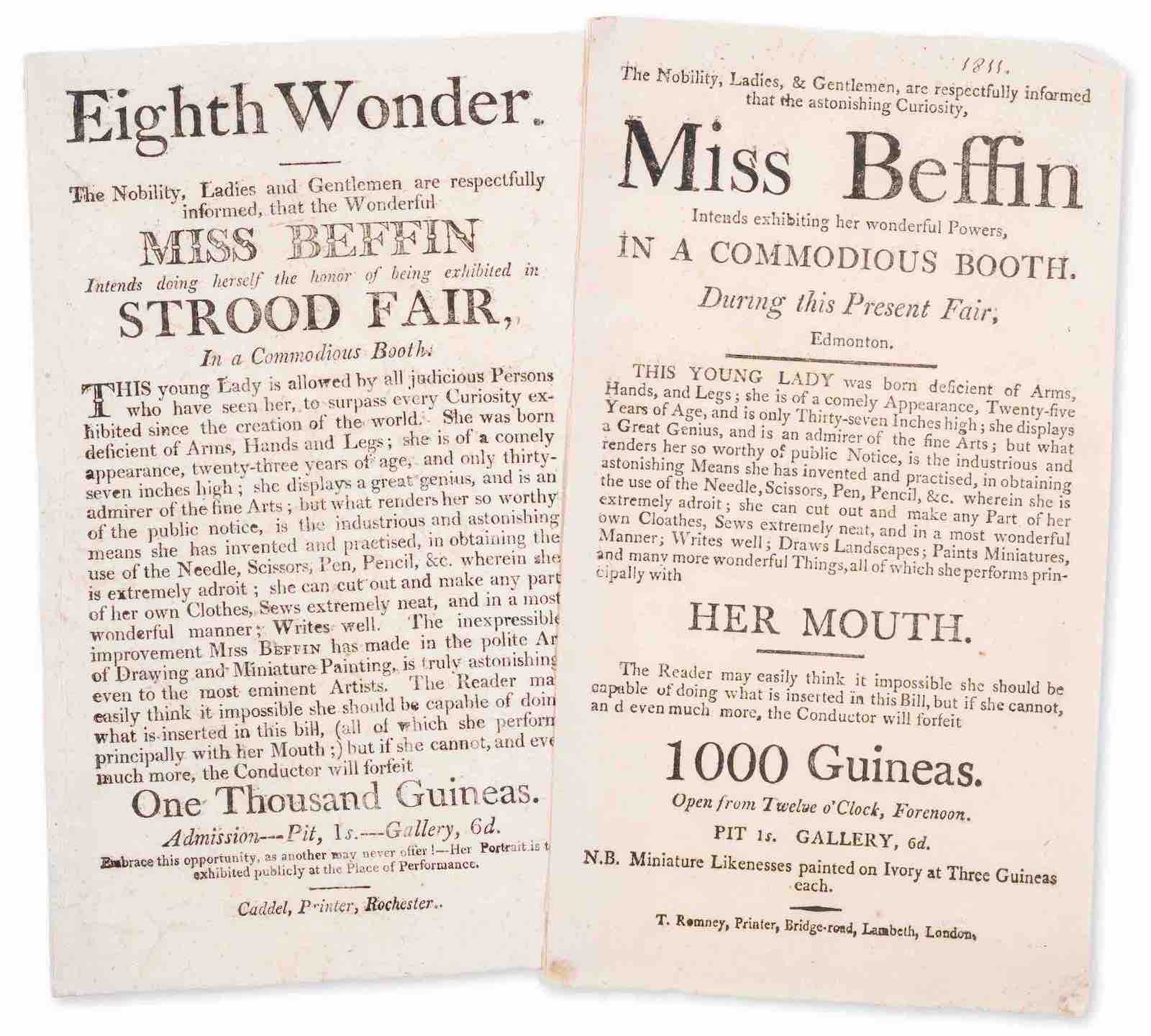 an 1811 handbill announcing an exhibition in Rochester by mouth and foot painting artist Miss Beffin