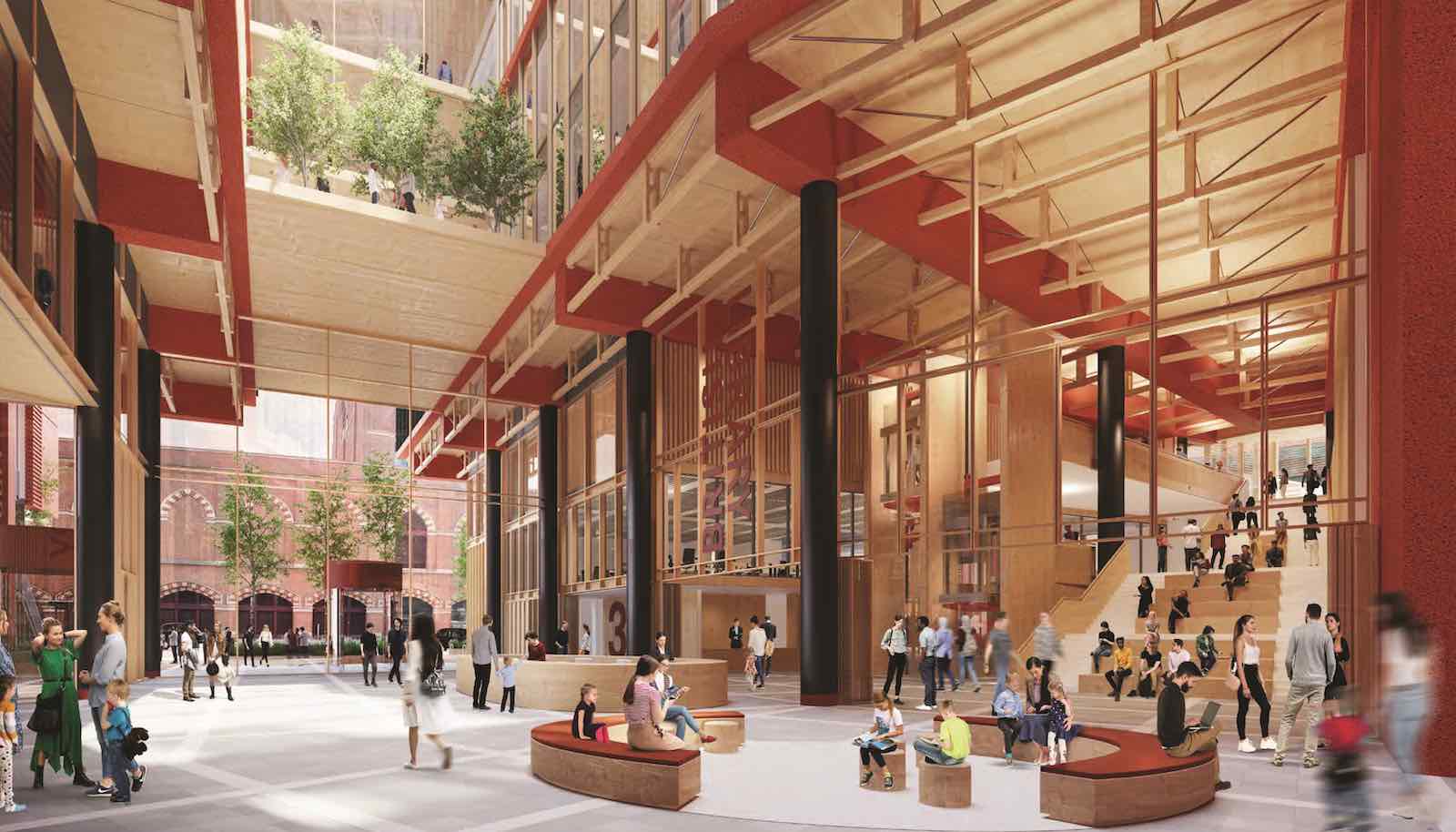 Artist’s impression of the new British Library extension, featuring visitors exploring the site and surrounding space