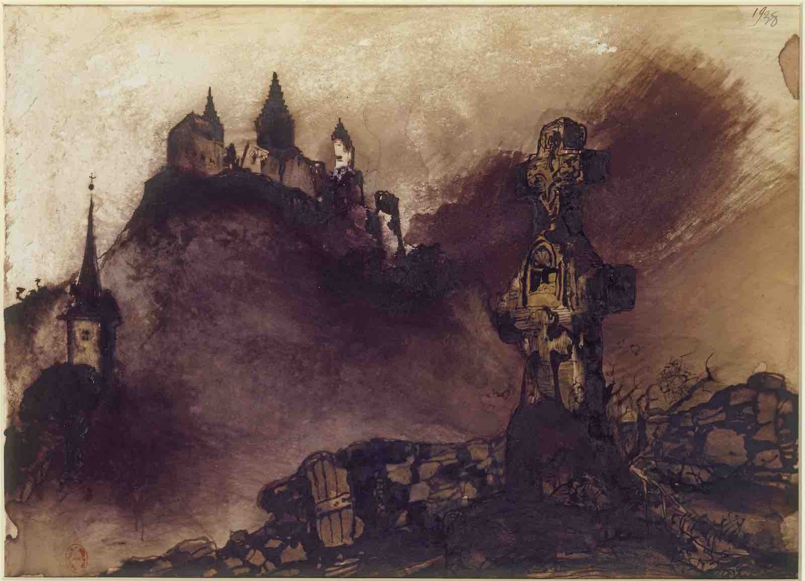 Victor Hugo, The Town of Vianden, with Stone Cross, 1871. Brown and black ink, brown and purple wash, graphite and varnish on paper