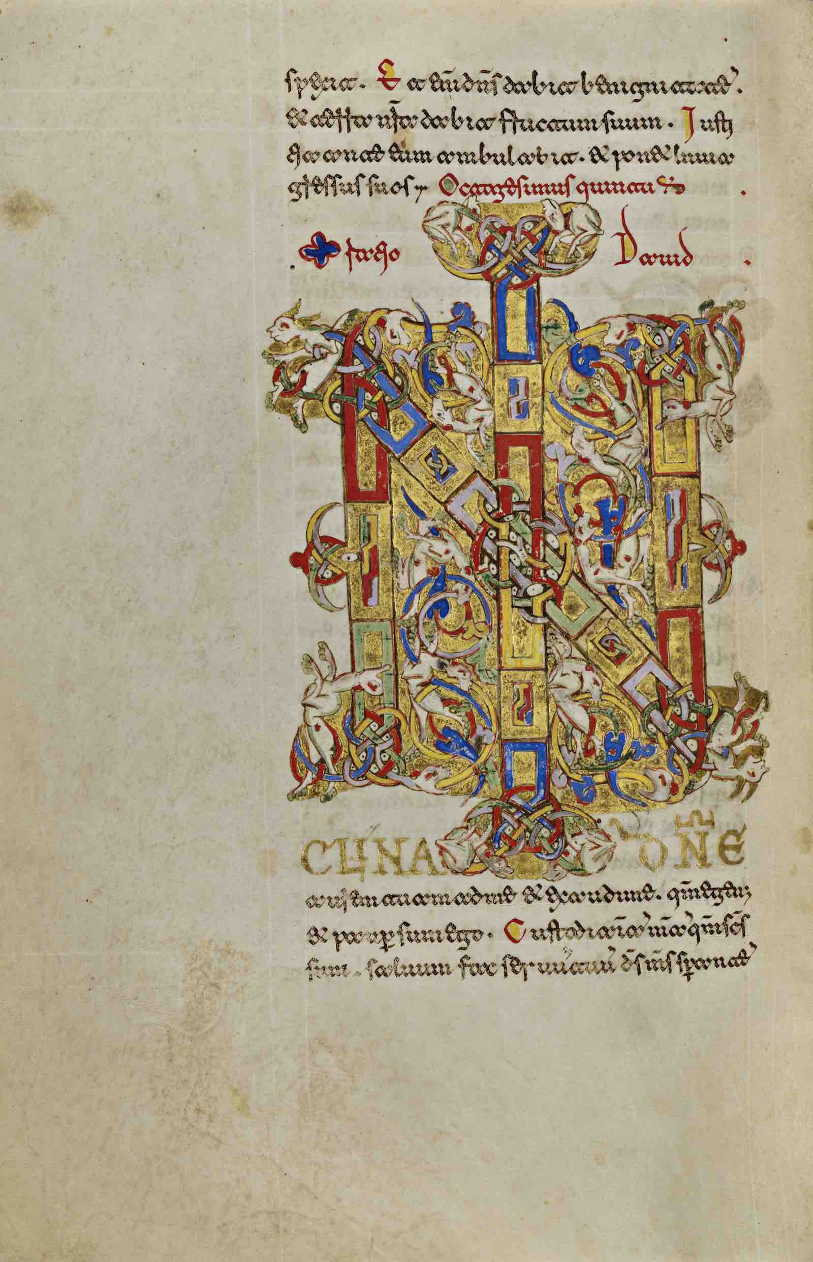 Inhabited initial IN from Breviary, 1153, Sigenulfus. Tempera colors, gold leaf, gold paint, and ink on parchment.