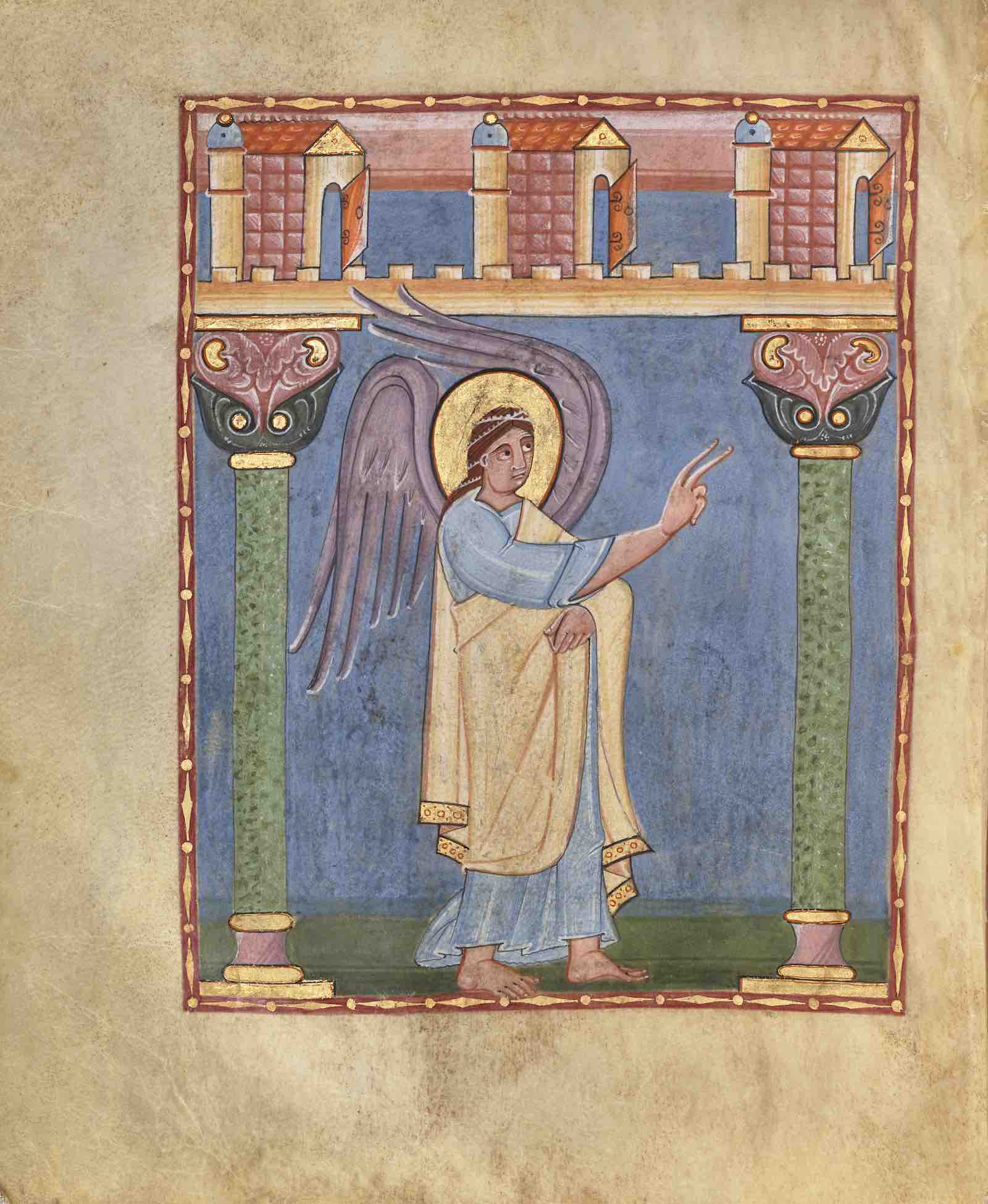 The Annunciation from Irmengard Codex, German, shortly after 1053. Tempera colors, gold, and ink.