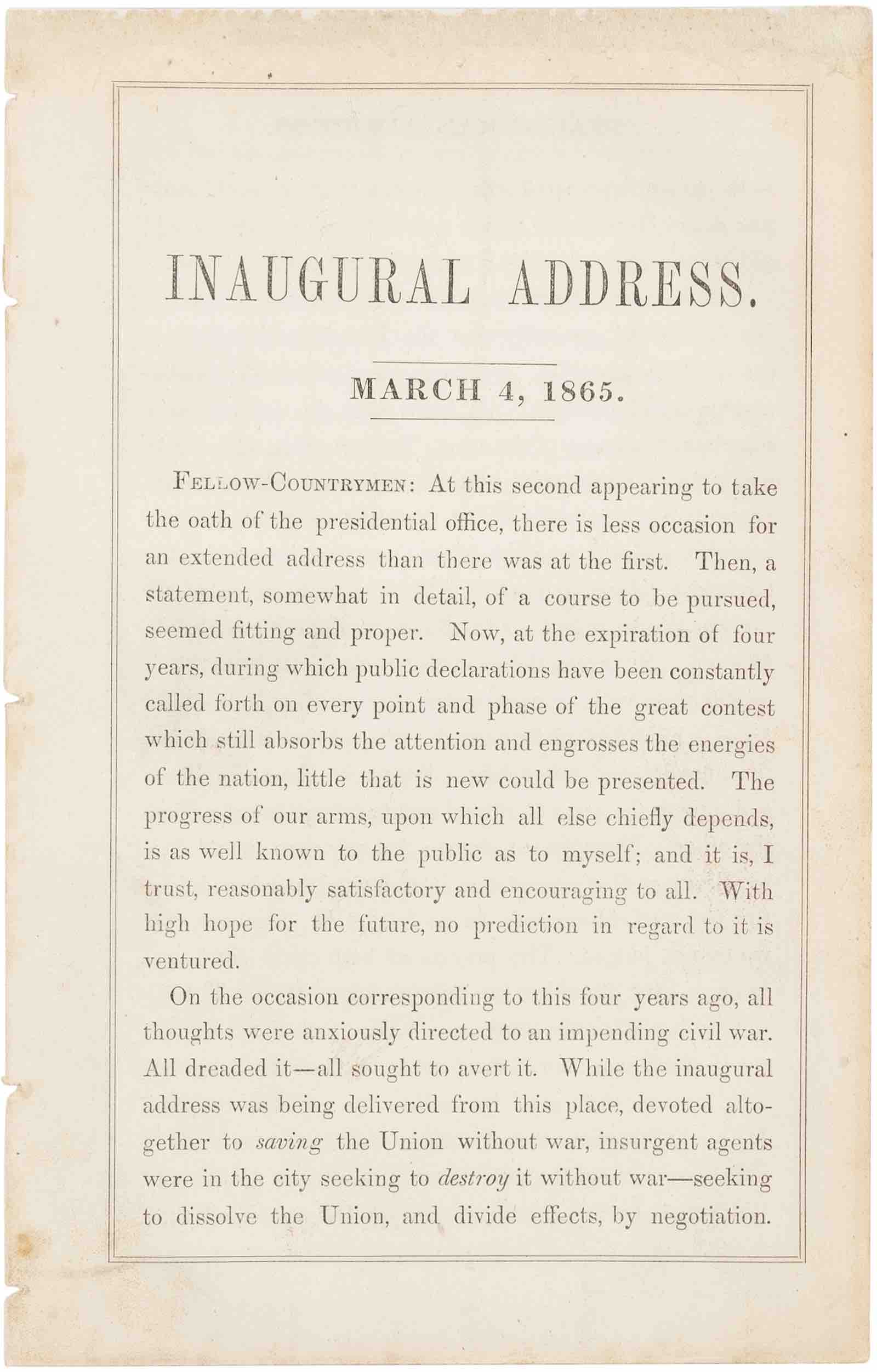 Rare first printing of President Lincoln’s Second Inaugural Address