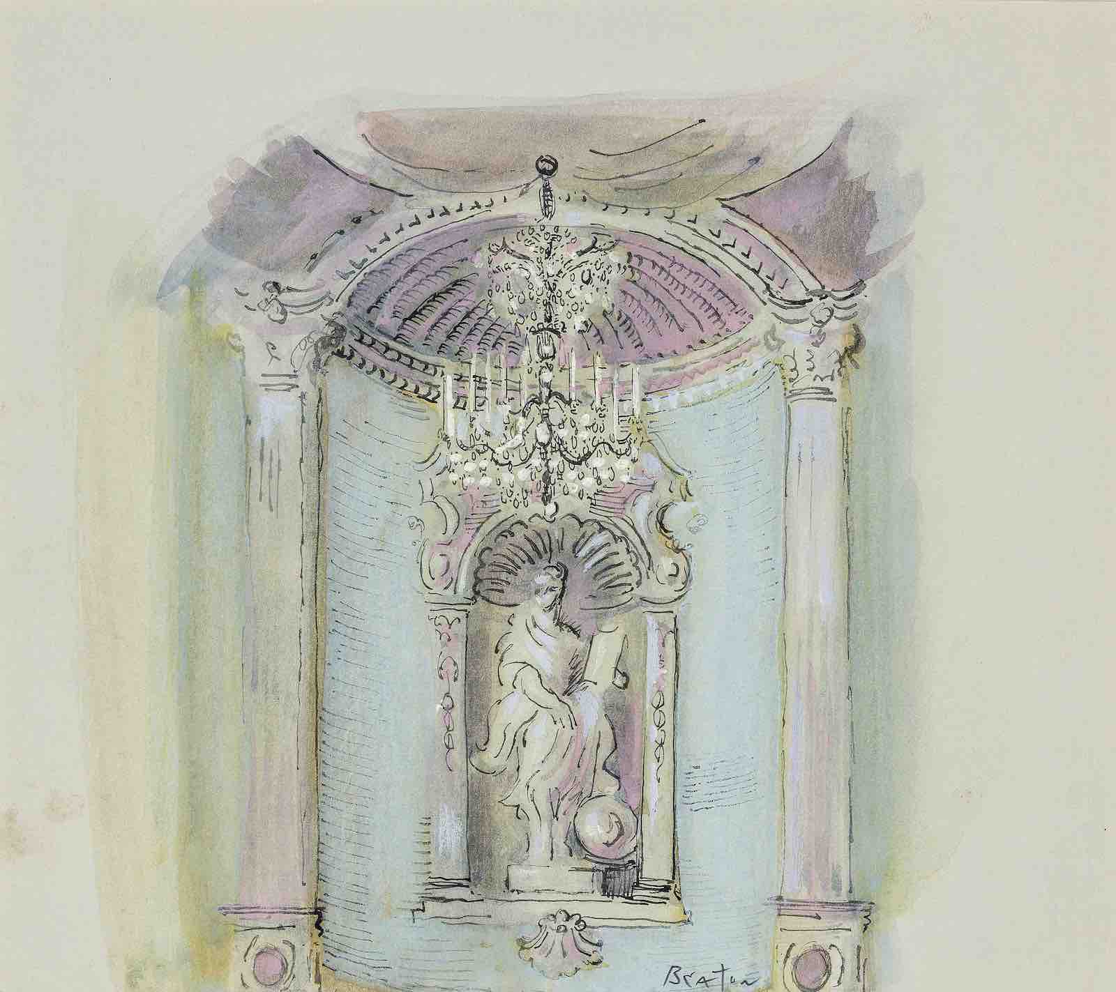 Sir Cecil Beaton, design detail for the School for Scandal set at the Comédie-Française, Paris, 1962. Estimates £600 - £800