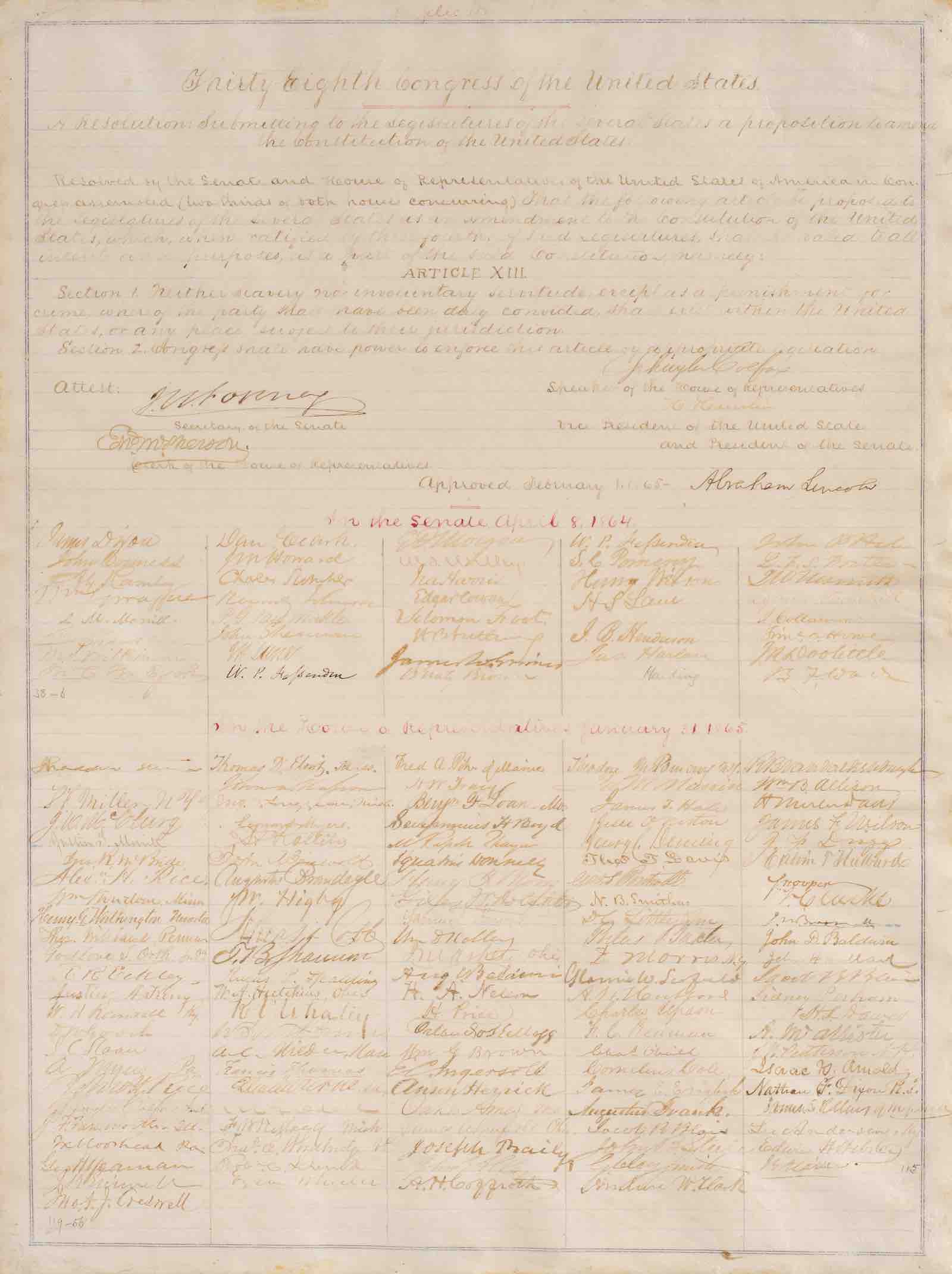 A fine manuscript copy of the Thirteenth Amendment, signed by Abraham Lincoln as sixteenth President
