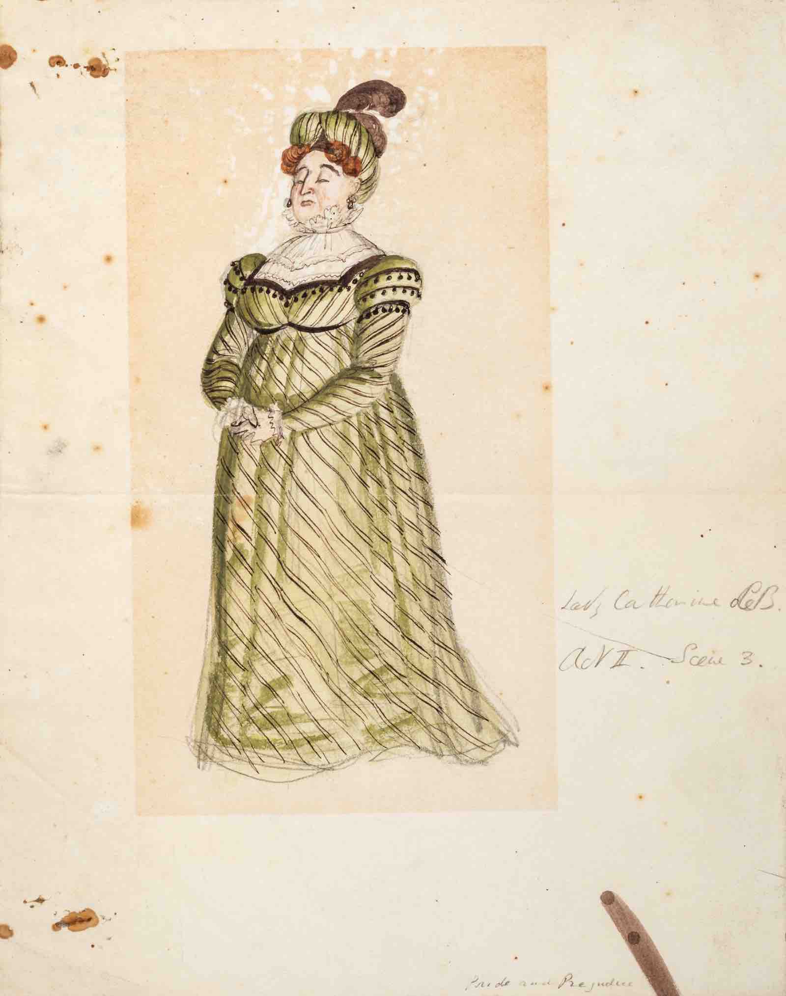 Design for costume for Lady Catherine de Bourgh, in Helen Jerome’s 1936 Pride and Prejudice, Rex Whistler, pencil, pen, watercolour