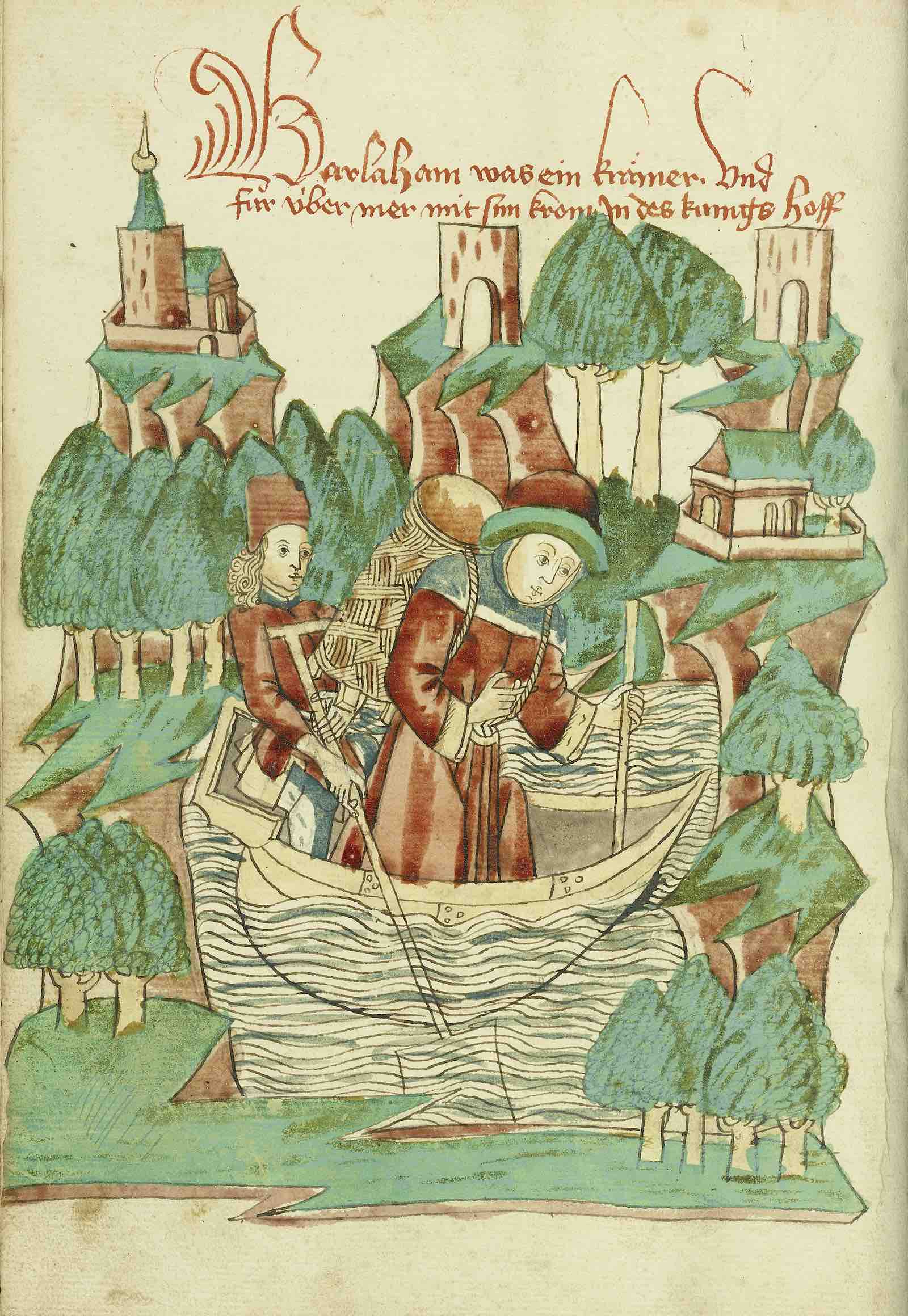 Barlaam, Carrying a Shoulder Pack, Crosses a  River from Barlaam and Josephat, 1469. Follower of Hans Schilling (German, active  1459 – 1467). Tempera colors, colored washes, and ink.