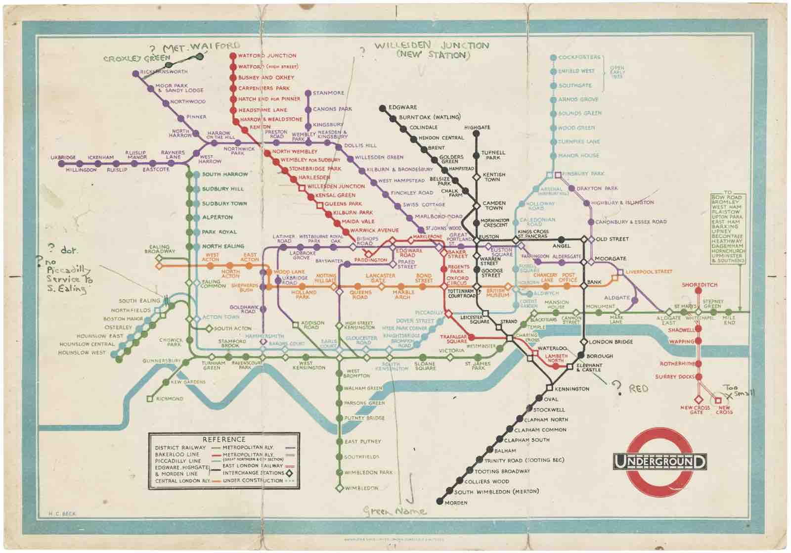 Harry Beck's annotated proof of his London Underground map