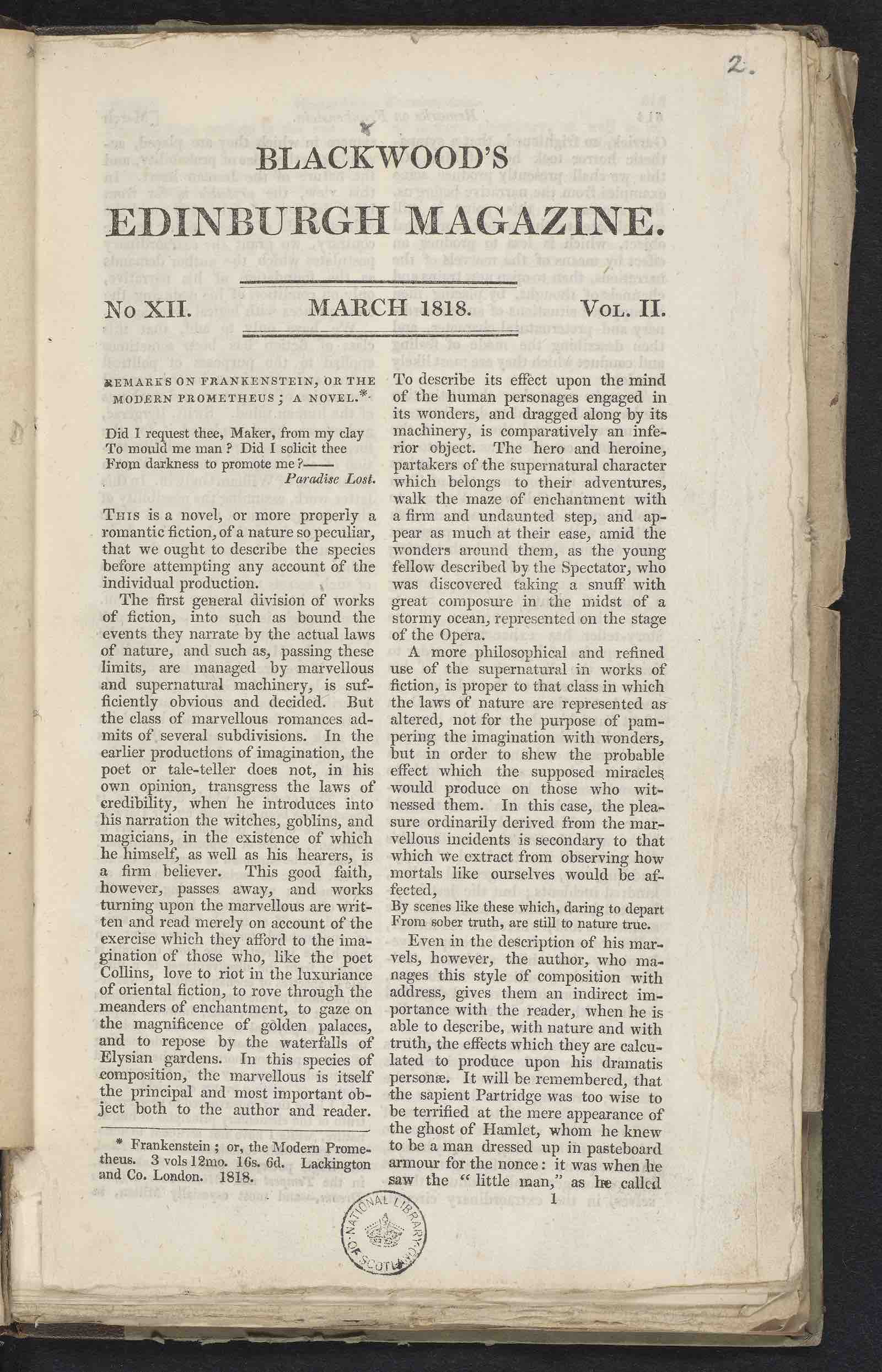 Walter Scott’s review of Frankenstein, published in March 1818 in Blackwood’s Edinburgh Magazine, this copy from Scott’s own library