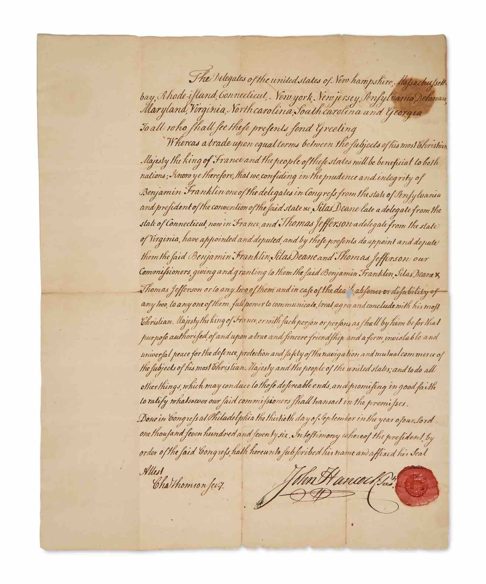 Letter of credence appointing Benjamin Franklin, Thomas Jefferson, and Silas Deane commissioners to the court of France to negotiate a treaty of alliance, September 30, 1776