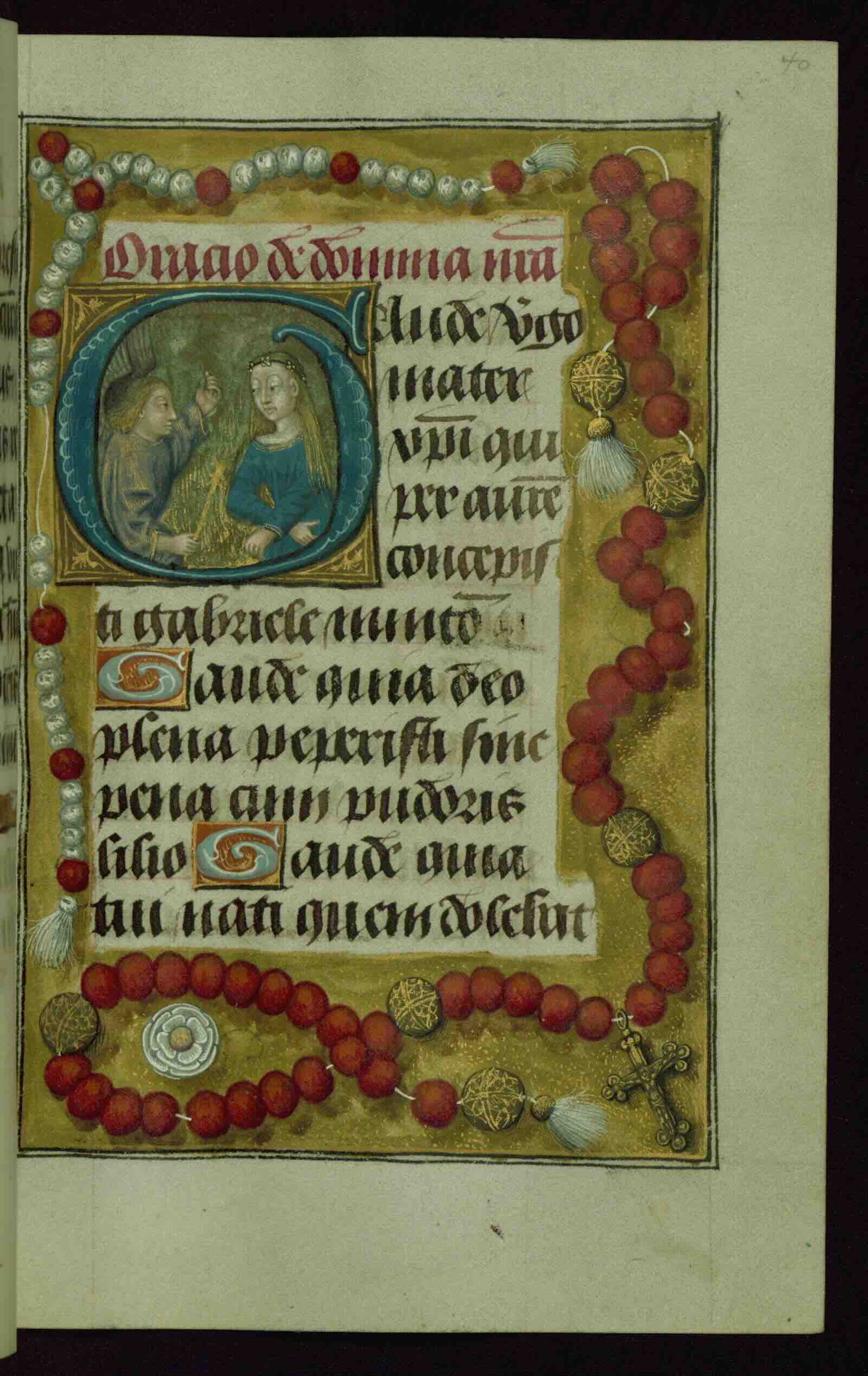 Initial with the Annunciation Surrounded by Prayer Beads, Hours of Duke Adolph of Cleves. Belgium (Ghent), ca. 1480–1490. Ink, paint, and gold on parchment.
