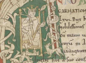 Decorated initial 'A' depicting William the Conqueror seated on his throne, from the late 12th century Chronicle of Battle Abbey housed at the British Library